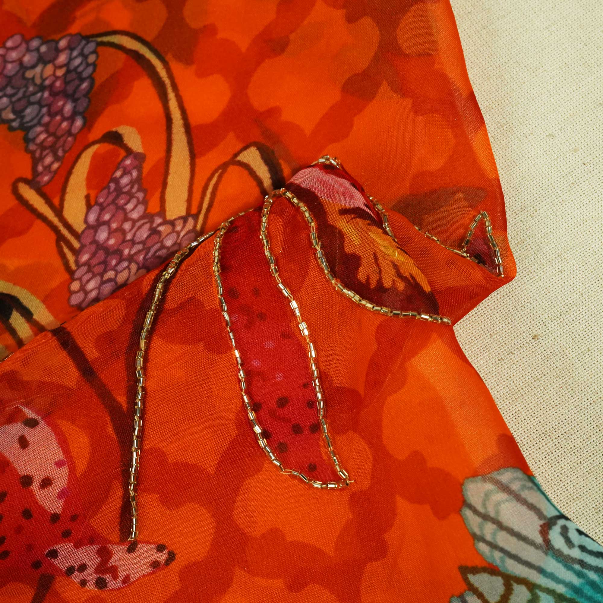 Orange Cutdana Floral Print Organza Fabric 2431 MTF-20935 - Image 2