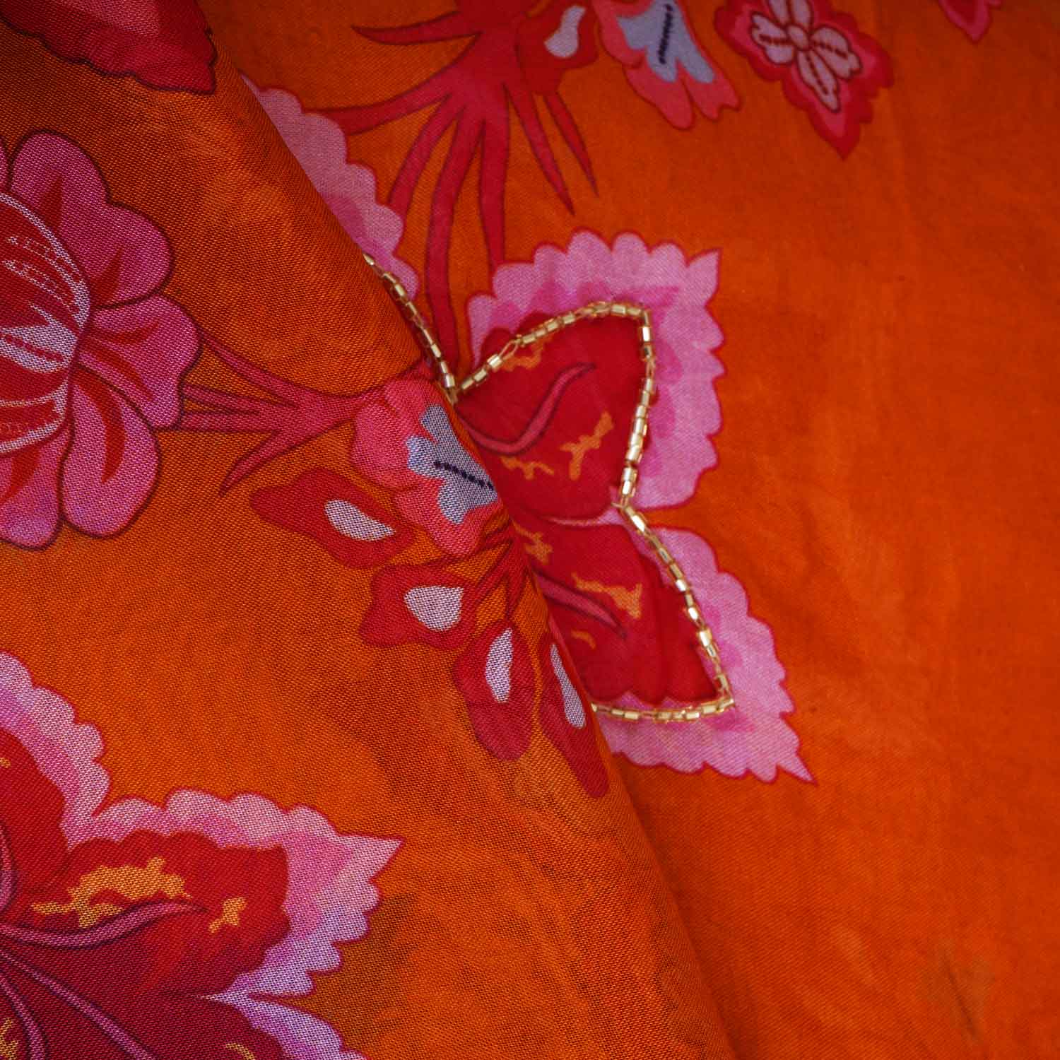 Orange Cutdana Hand Work Floral Print Organza Fabric MT-28288 - Image 3