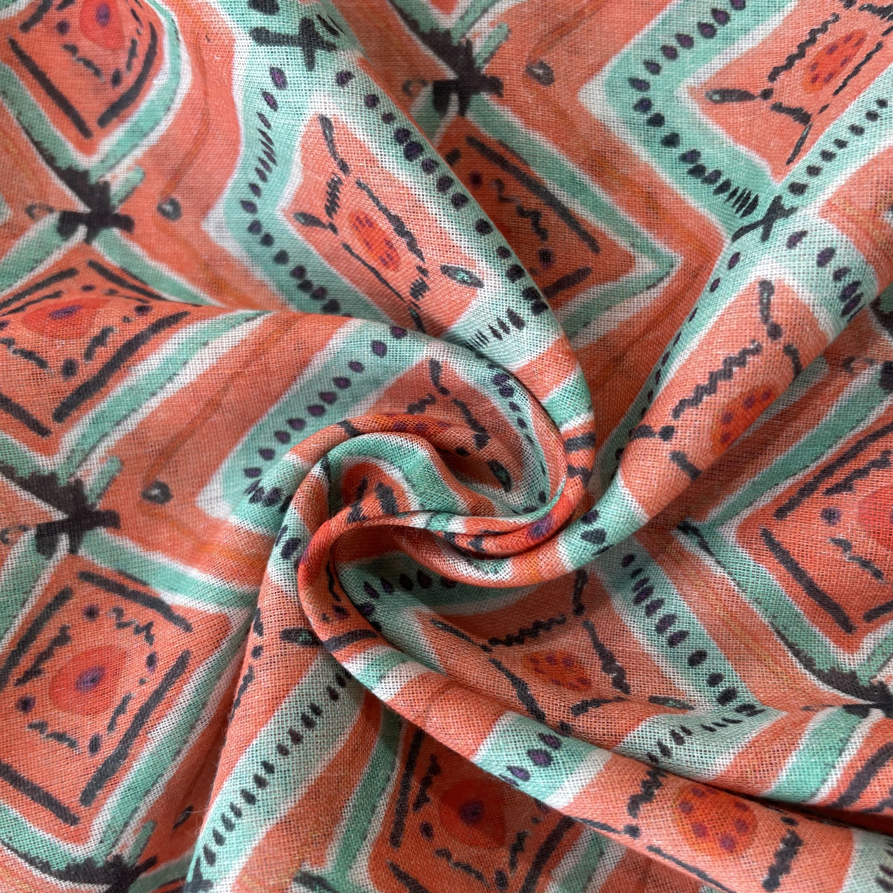 Orange Geometrical Print Cotton Mulmul 15670