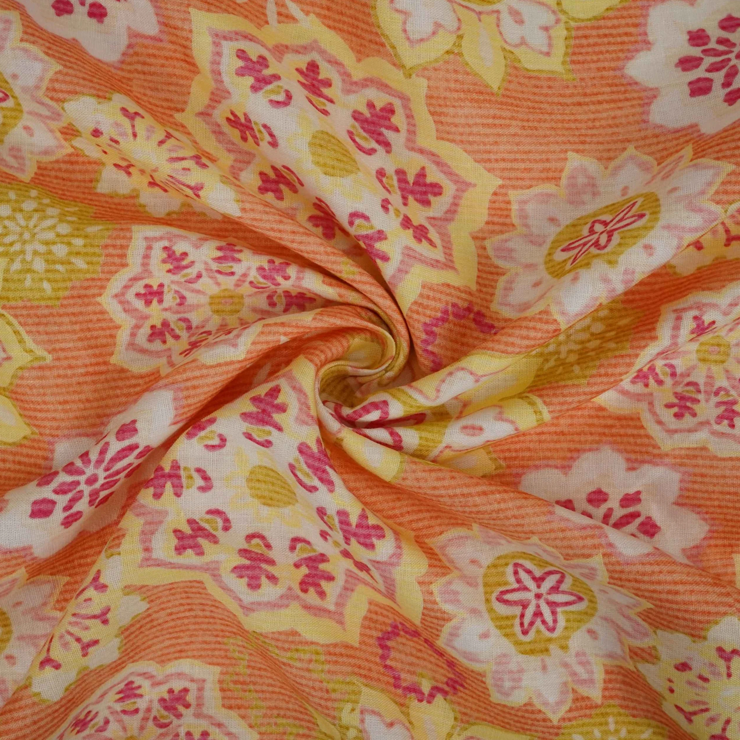 Orange Mandala Floral print 40s Pure Linen Fabric VF-31358 - Image 3