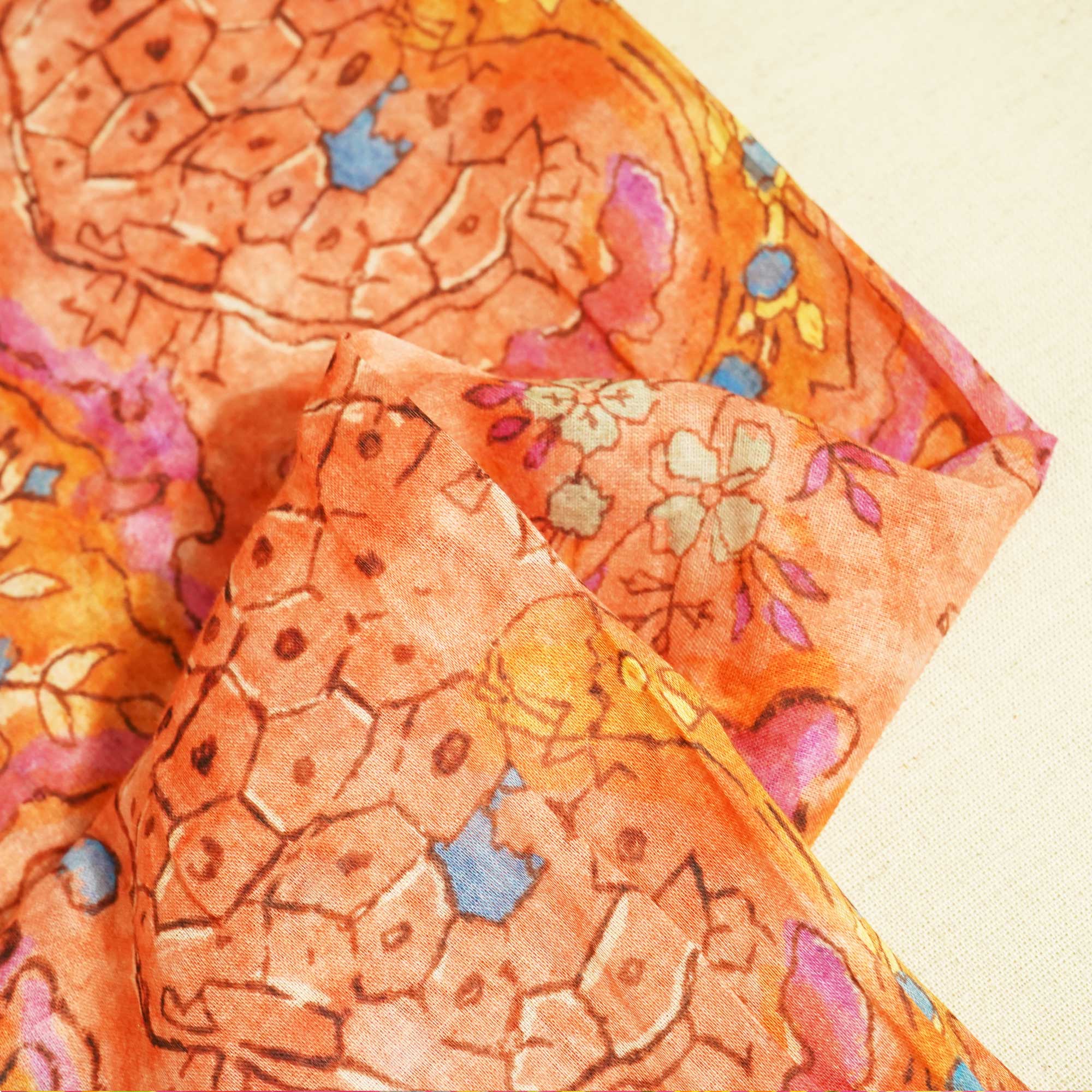 Orange & Multicolor Floral Print Cotton Mulmul Fabric GT-25439 - Image 2