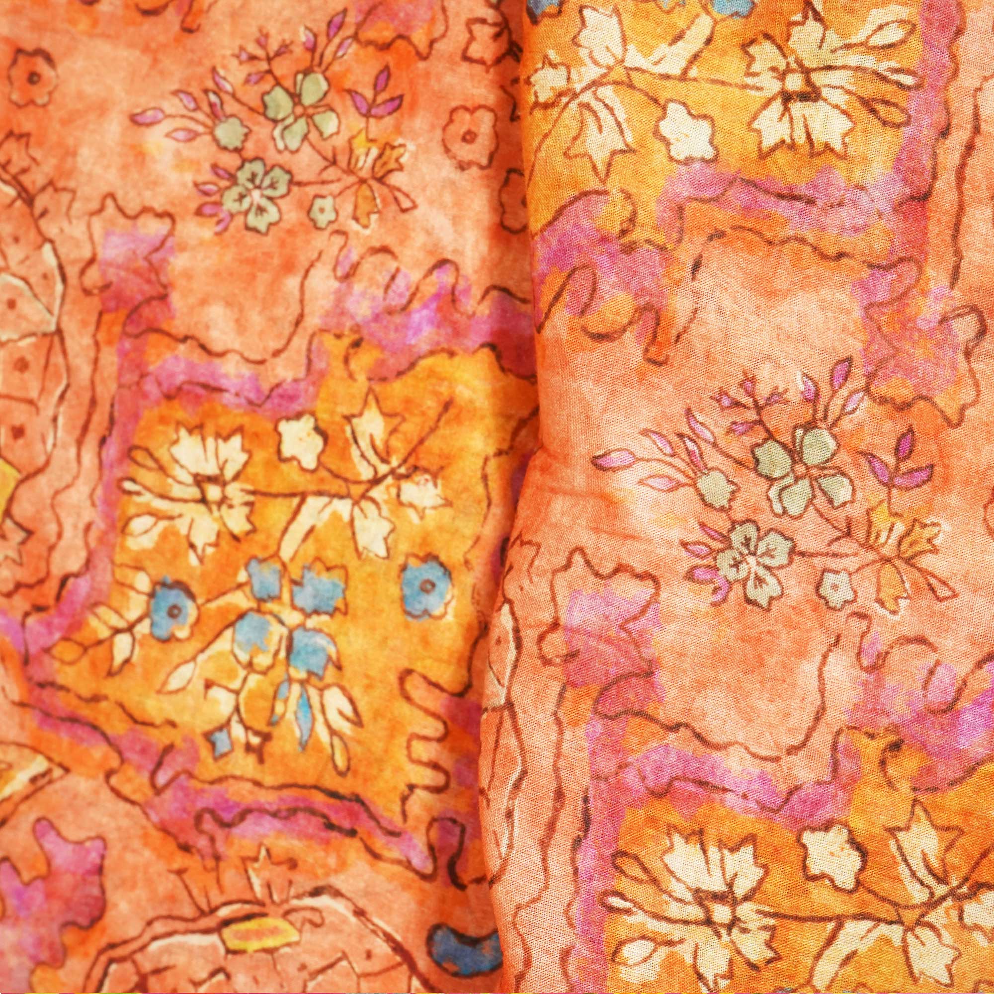Orange & Multicolor Floral Print Cotton Mulmul Fabric GT-25439 - Image 3