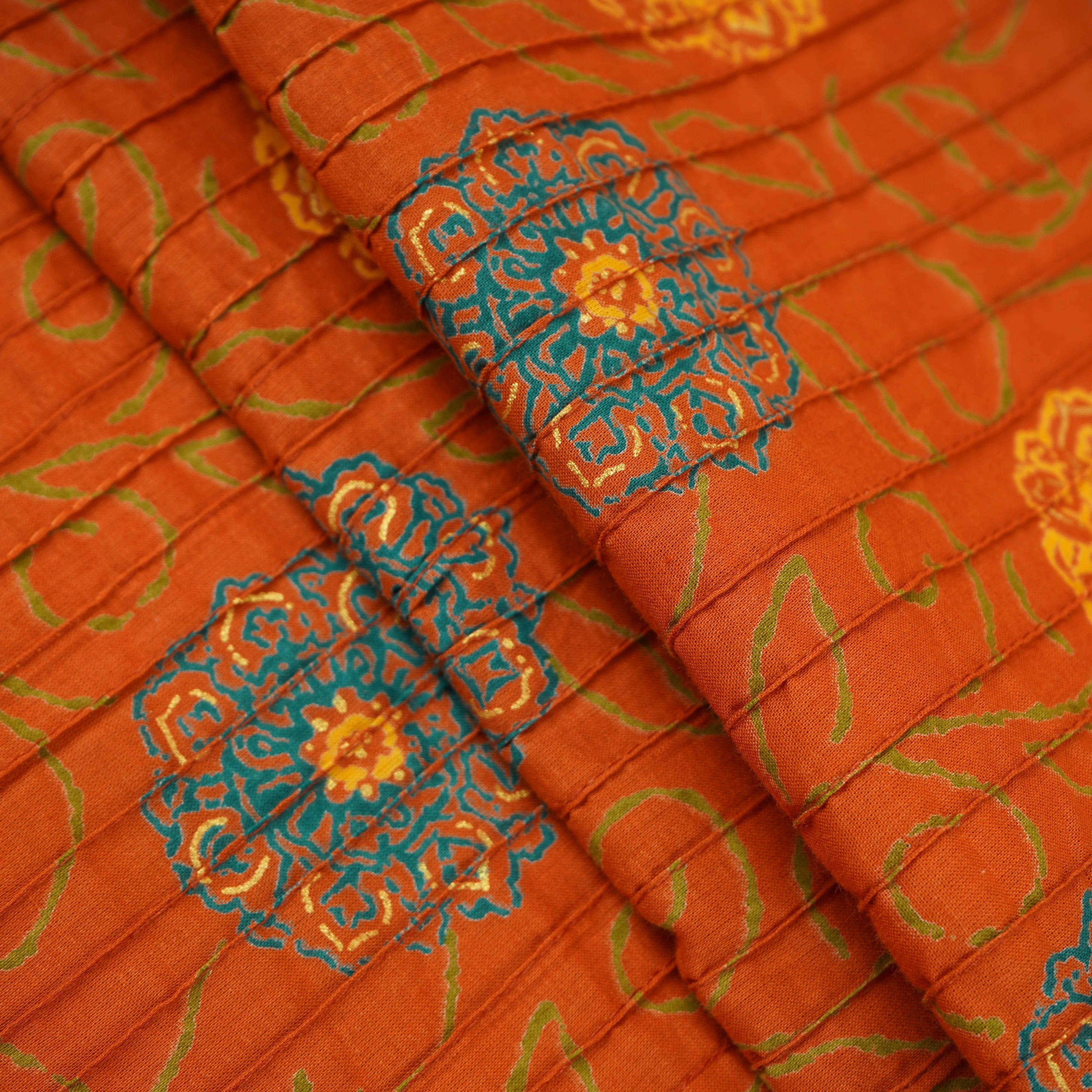 Orange with Yellow Floral Pintuck Cotton Fabric CH-29801 - Image 4