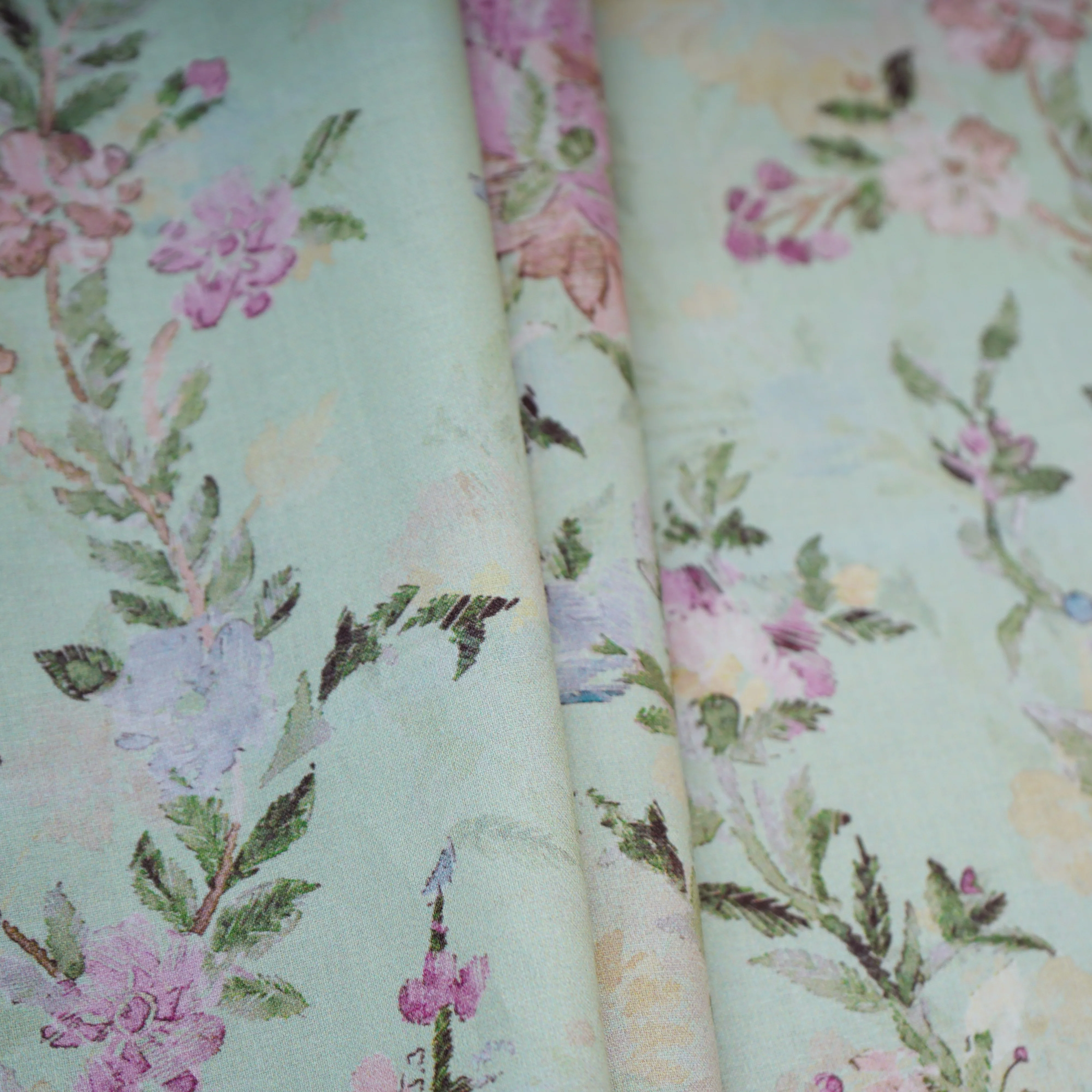 Pale Light Green Floral Print Cotton Mulmul Fabric PG-30375 - Image 4