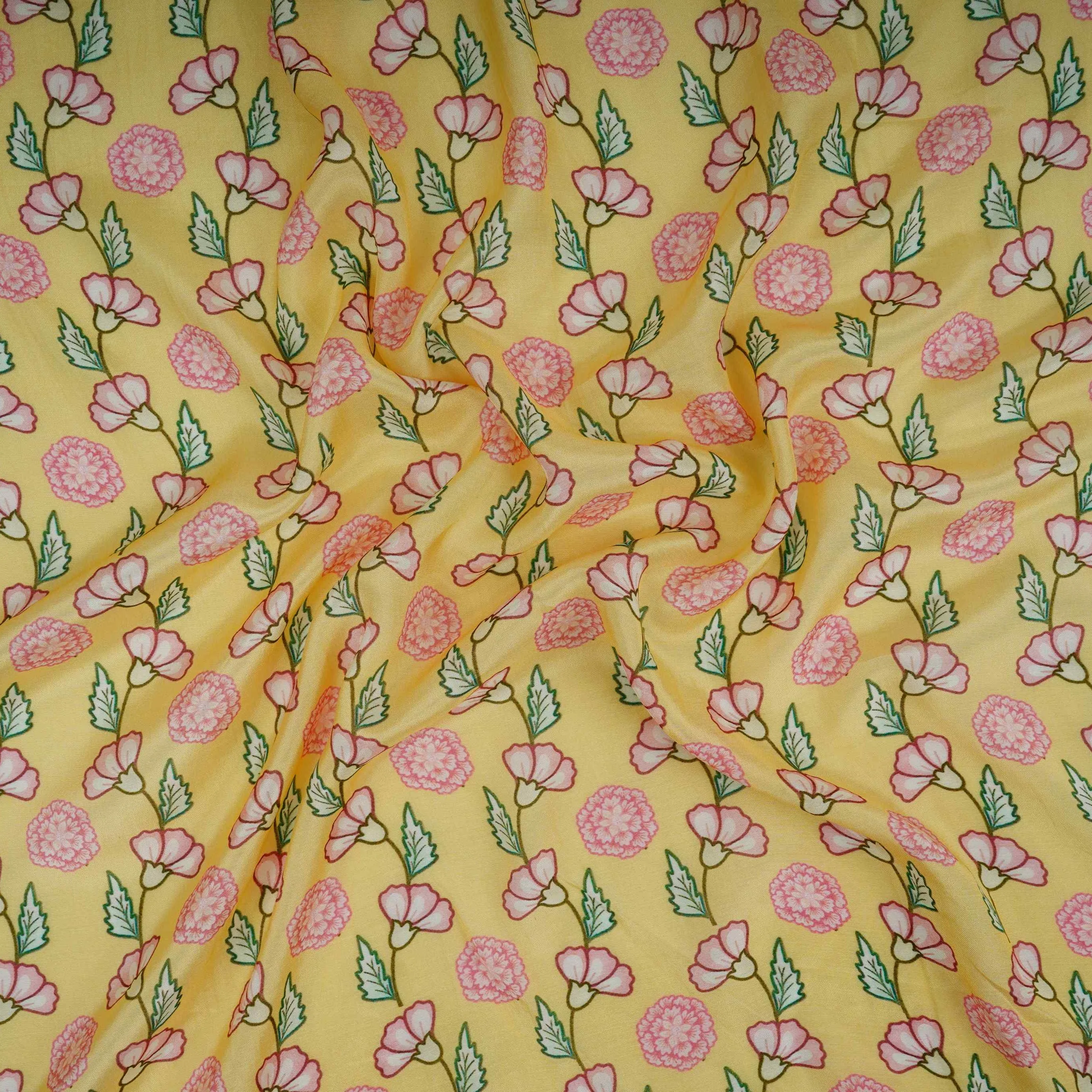 Pale Yellow Floral Print Muslin Fabric GTS-30943 - Image 5