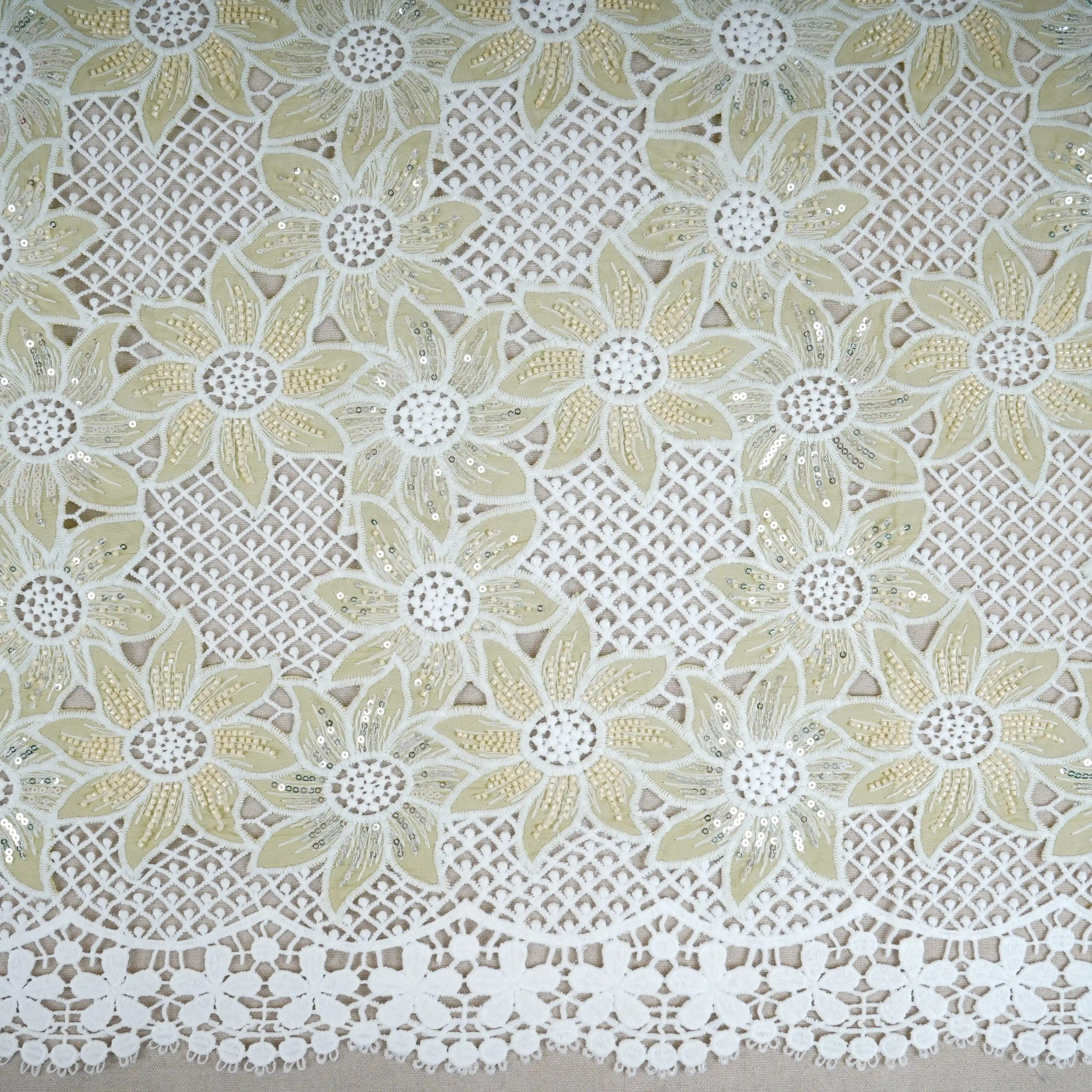 Parrot Green Cutdana Floral Schiffli Embroidery Crepe Fabric DVT-30571 - Image 2