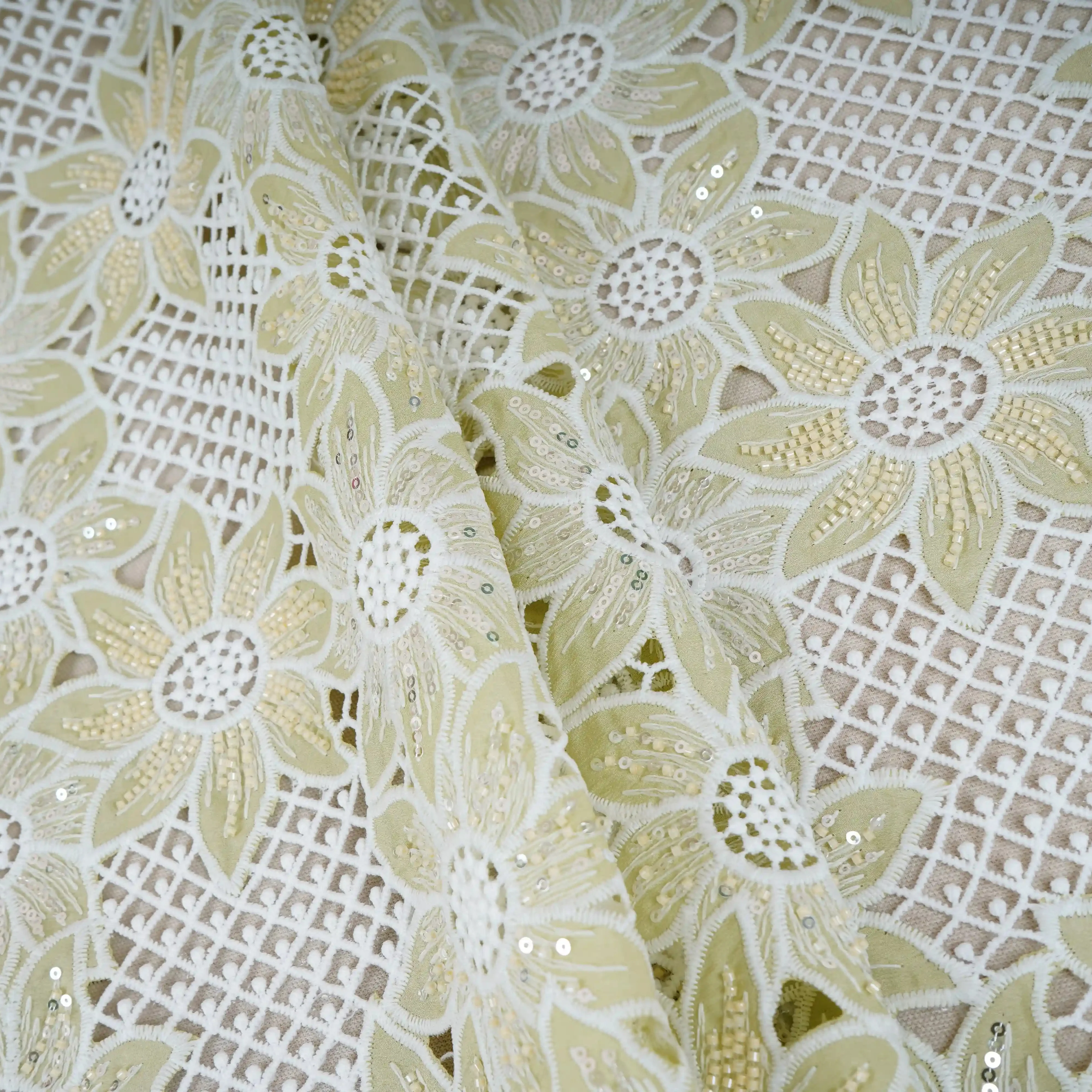 Parrot Green Cutdana Floral Schiffli Embroidery Crepe Fabric DVT-30571 - Image 3