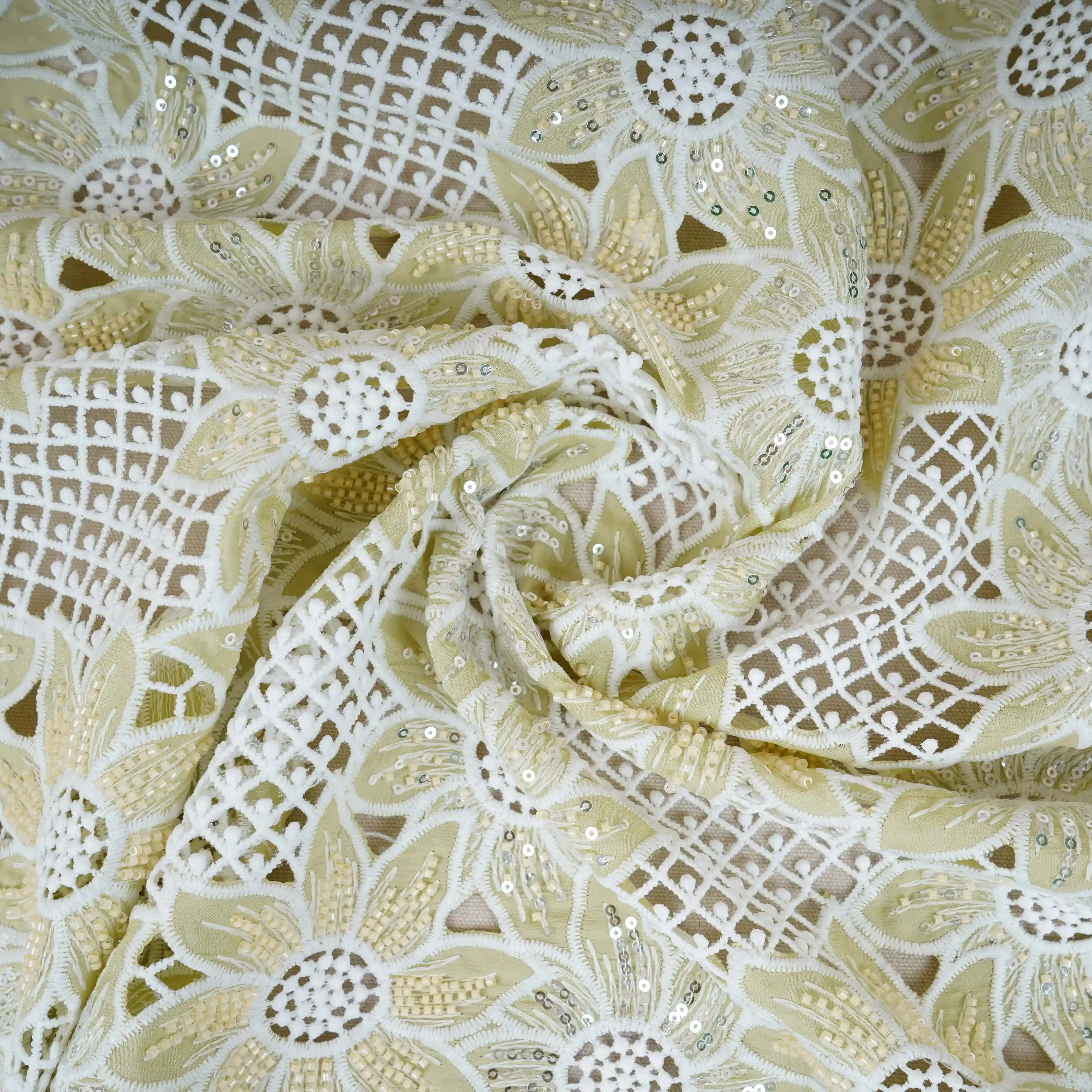 Parrot Green Cutdana Floral Schiffli Embroidery Crepe Fabric DVT-30571 - Image 4