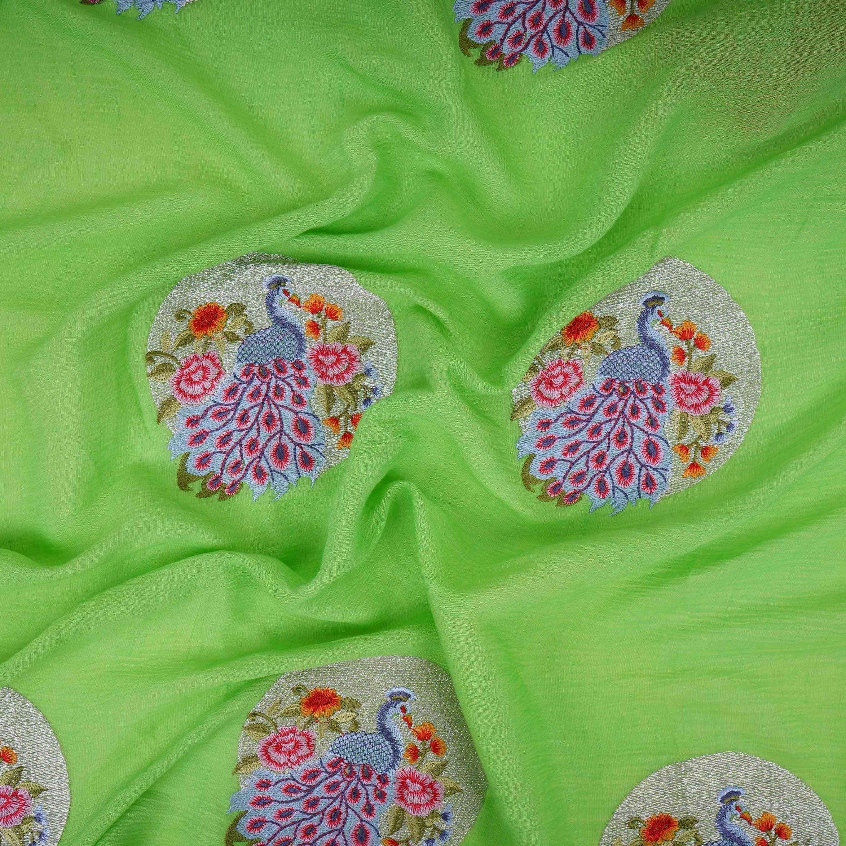 Parrot Green floral Buta Patch embroidery Chinon Cotton Slub Fabric VFS-31656 - Image 3