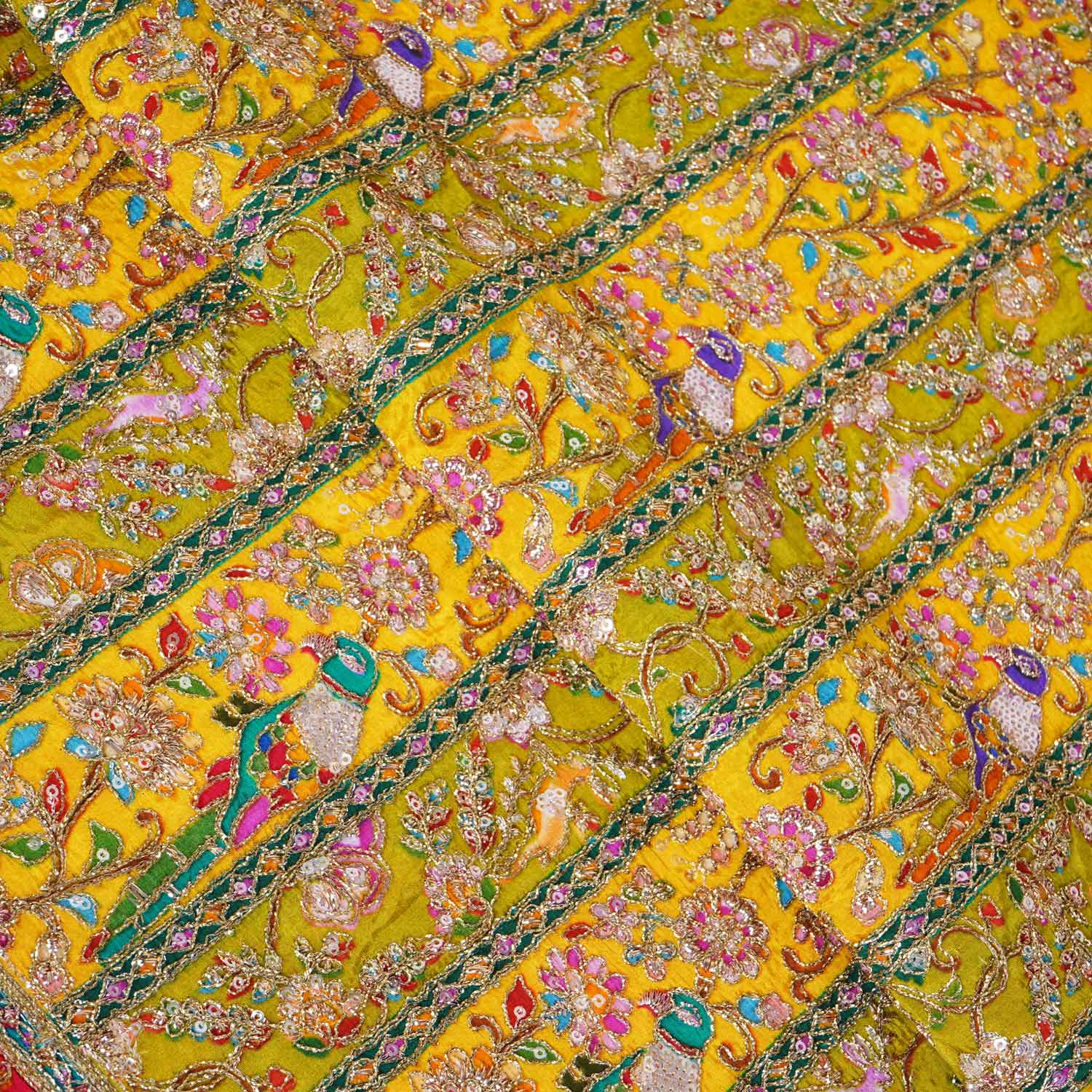 Parrot Green With Multicolour Zari Embroidery Crepe Fabric HCS-27911 - Image 3
