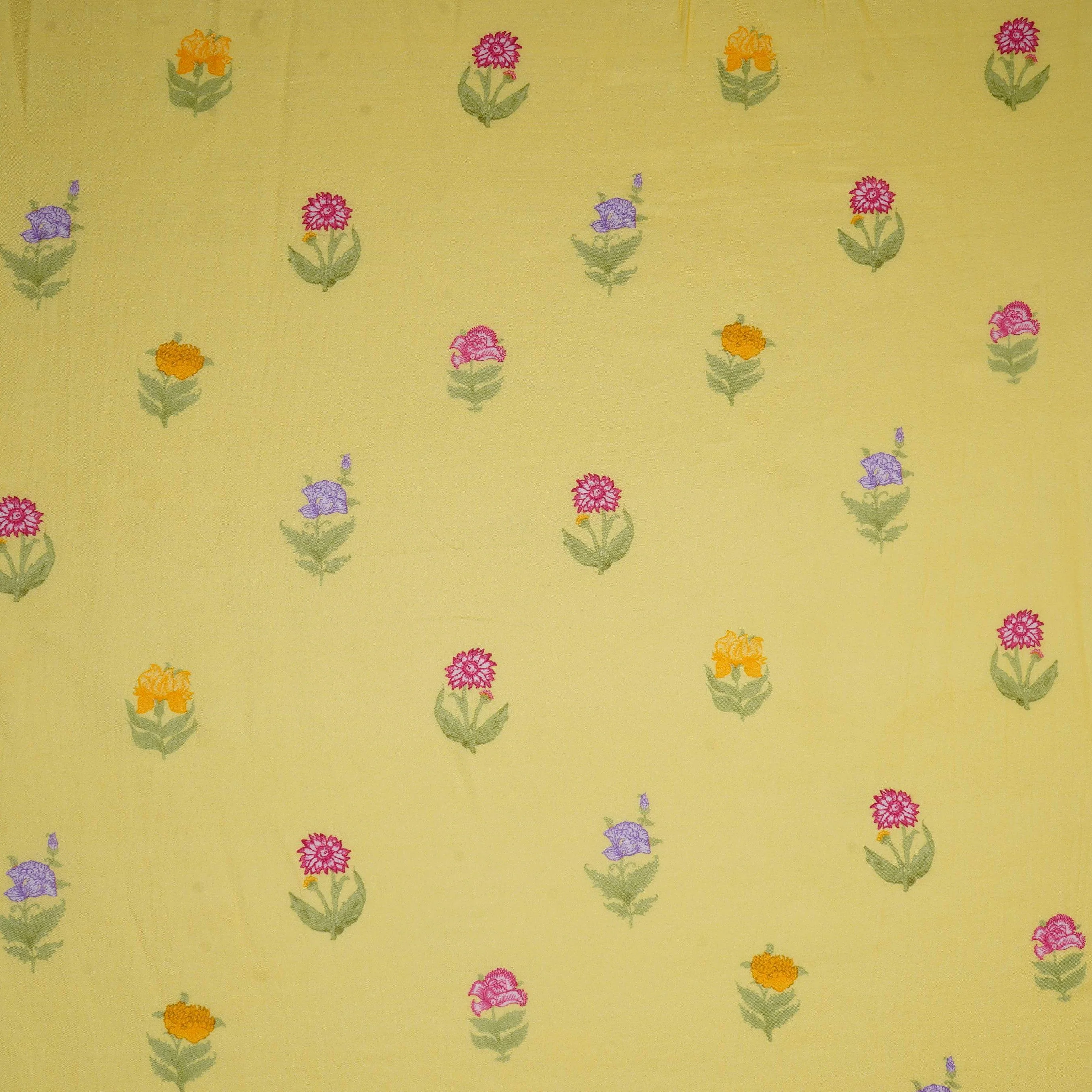 Pastel Yellow Floral Print Muslin Fabric GTS-30940 - Image 2