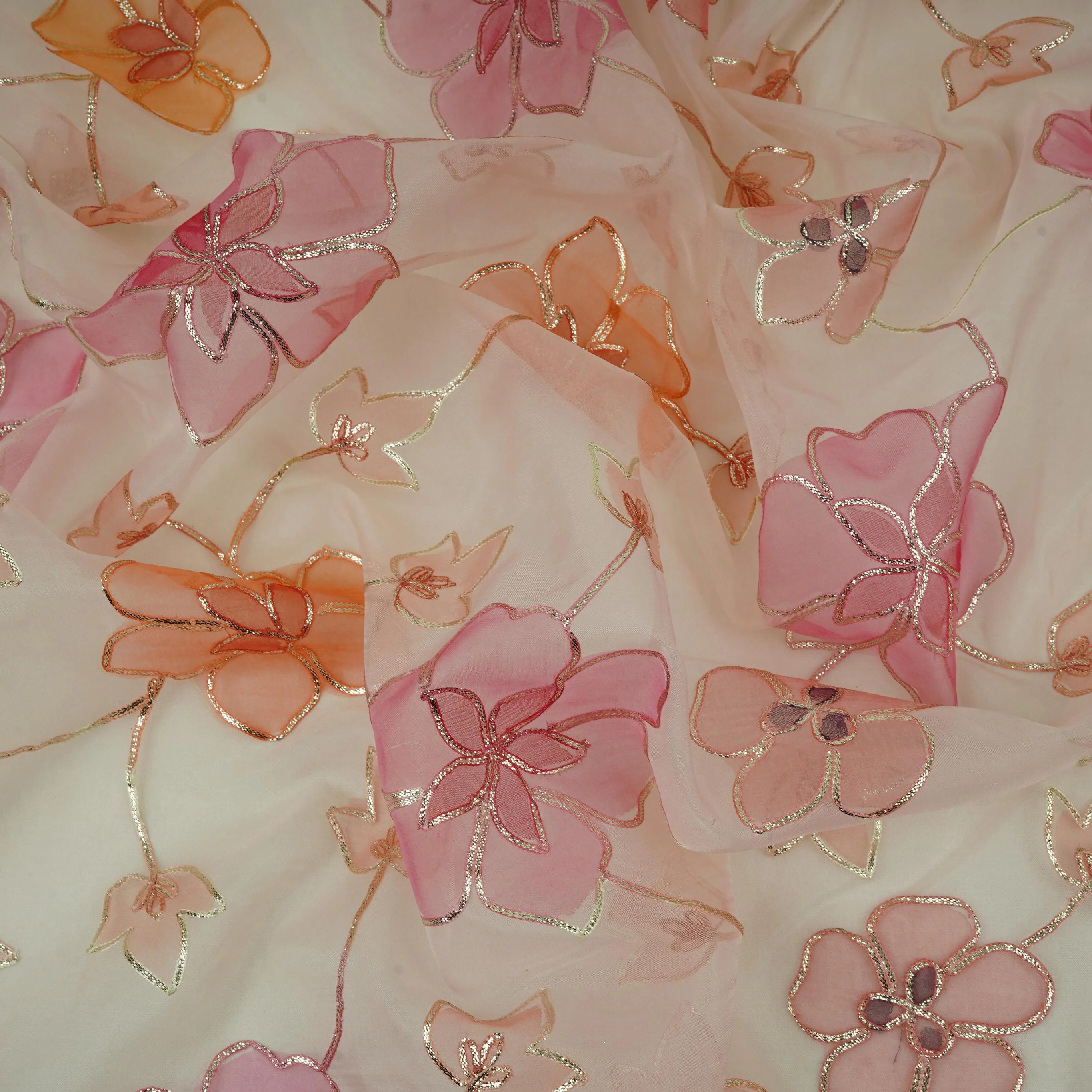 Peach Applique Work Organza Fabric SGS-32113 - Image 3
