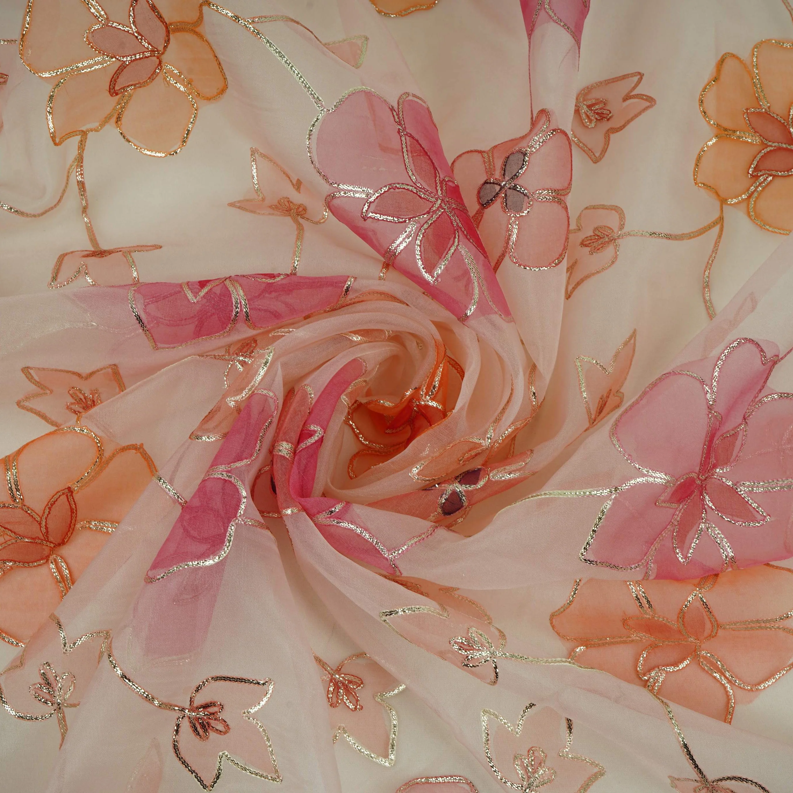 Peach Applique Work Organza Fabric SGS-32113 - Image 4