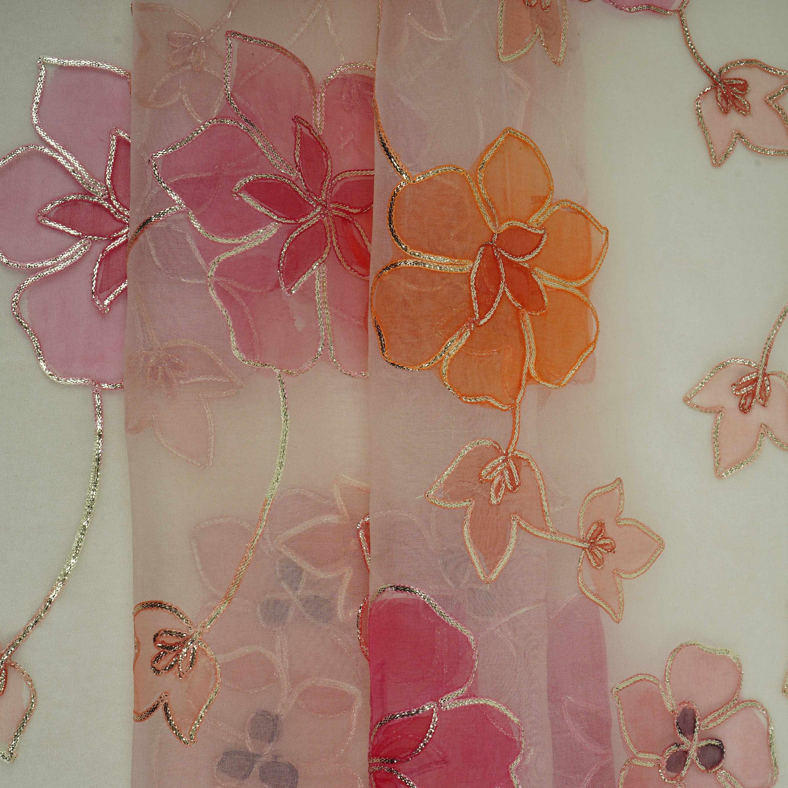 Peach Applique Work Organza Fabric SGS-32113 - Image 5