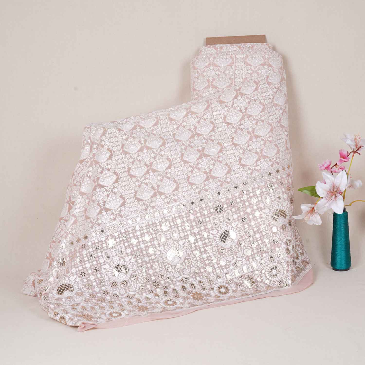 Peach Chikankari Embroidery Georgette Fabric DR-28020