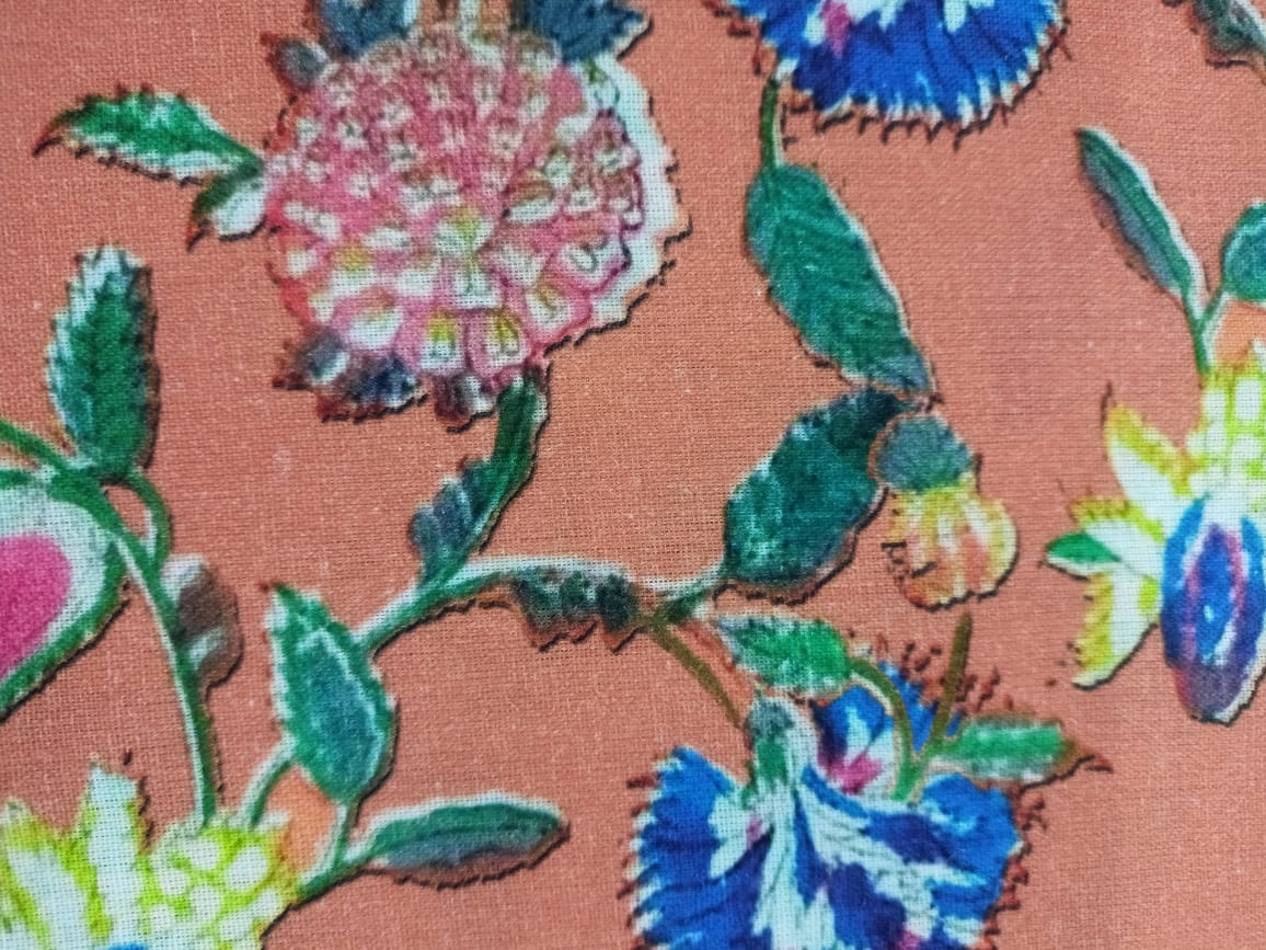 Peach Floral Print Cotton Linen Fabric - Image 3