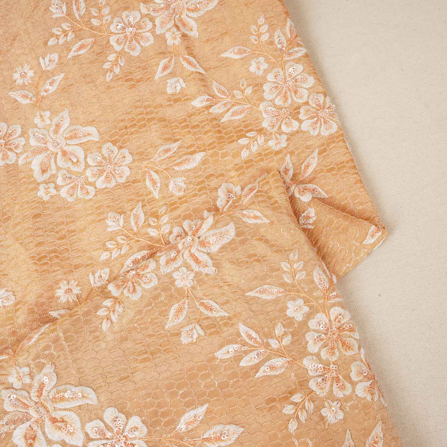 Peach Floral Zari Embroidery Tissue Fabric SC-27835 - Image 2