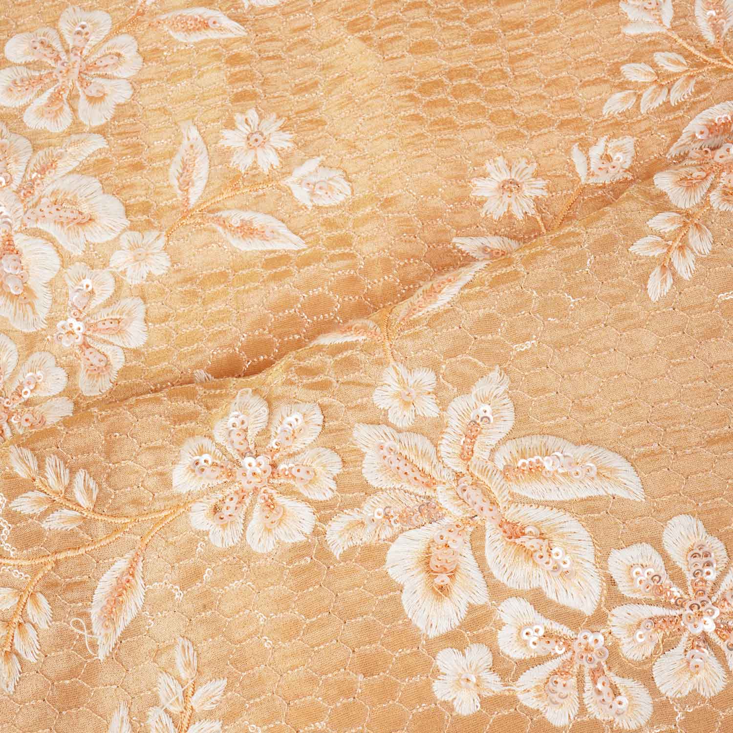 Peach Floral Zari Embroidery Tissue Fabric SC-27835 - Image 3