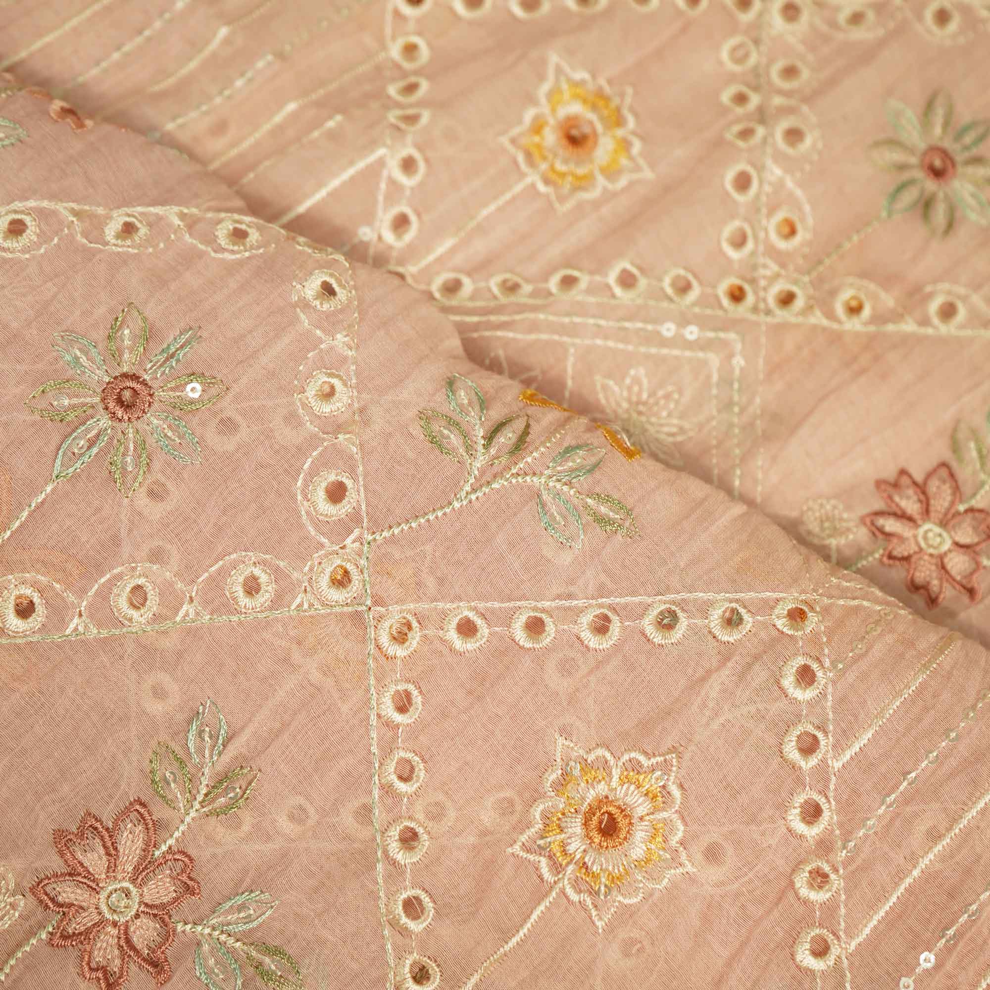 Peach Hakoba Thread Emberoidery Mulmul Chanderi Fabric TA-25888 - Image 3