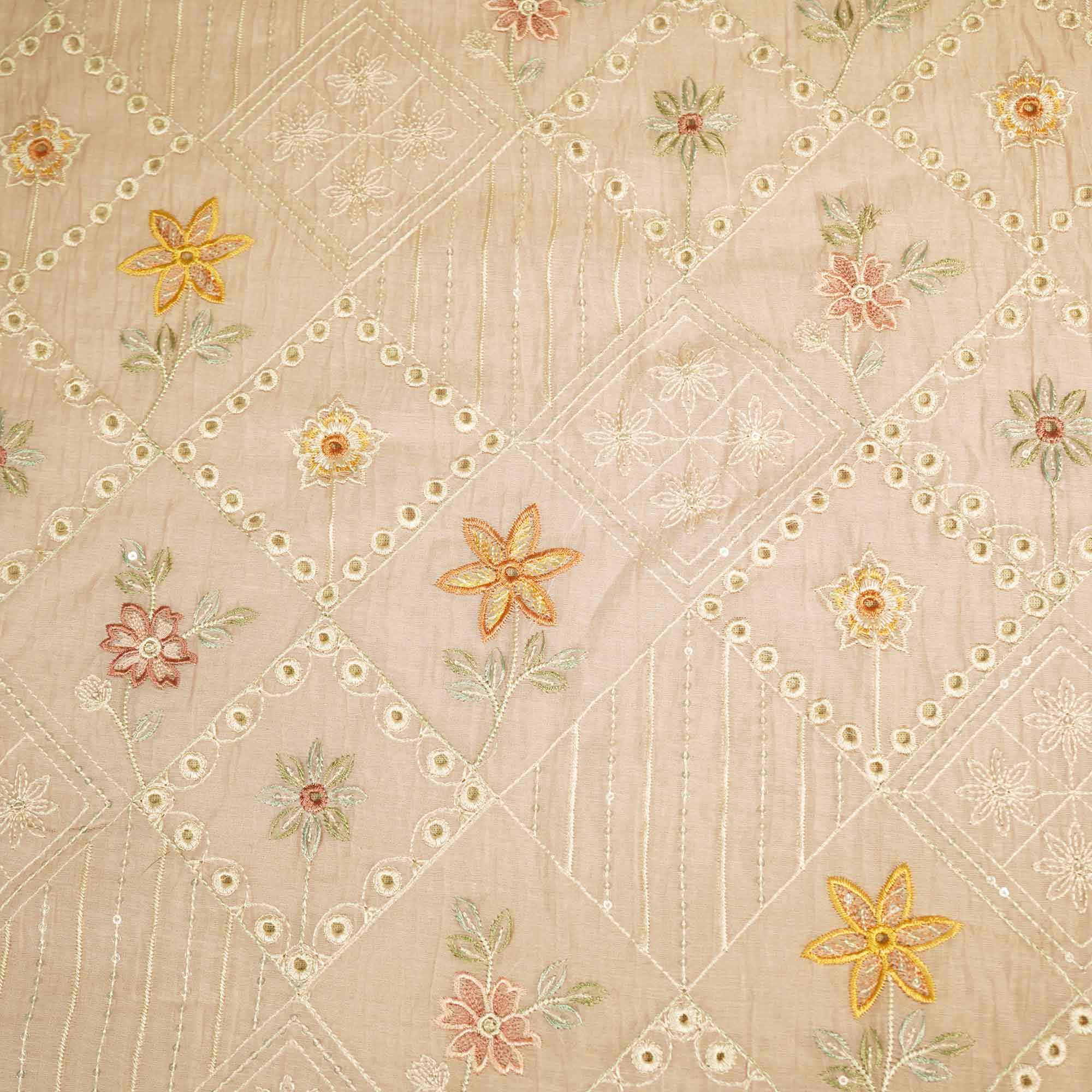 Peach Hakoba Thread Emberoidery Mulmul Chanderi Fabric TA-25888 - Image 4