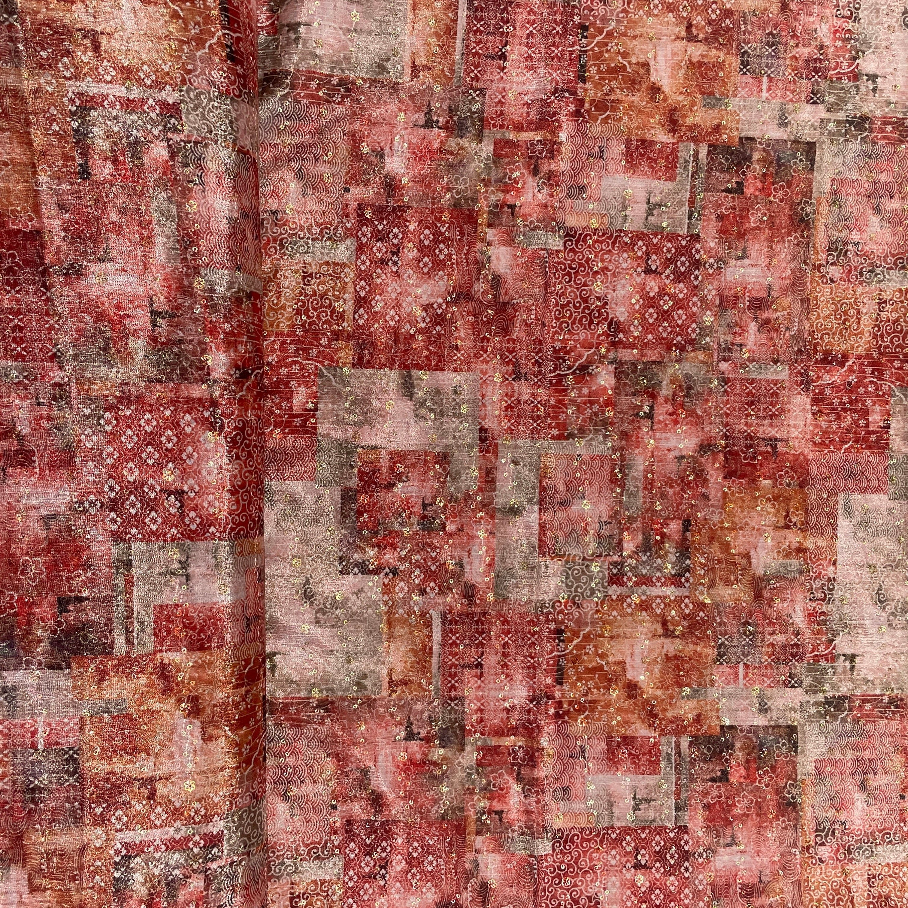 Peach & multicolor Traditional print Chinon Fabric - Image 3