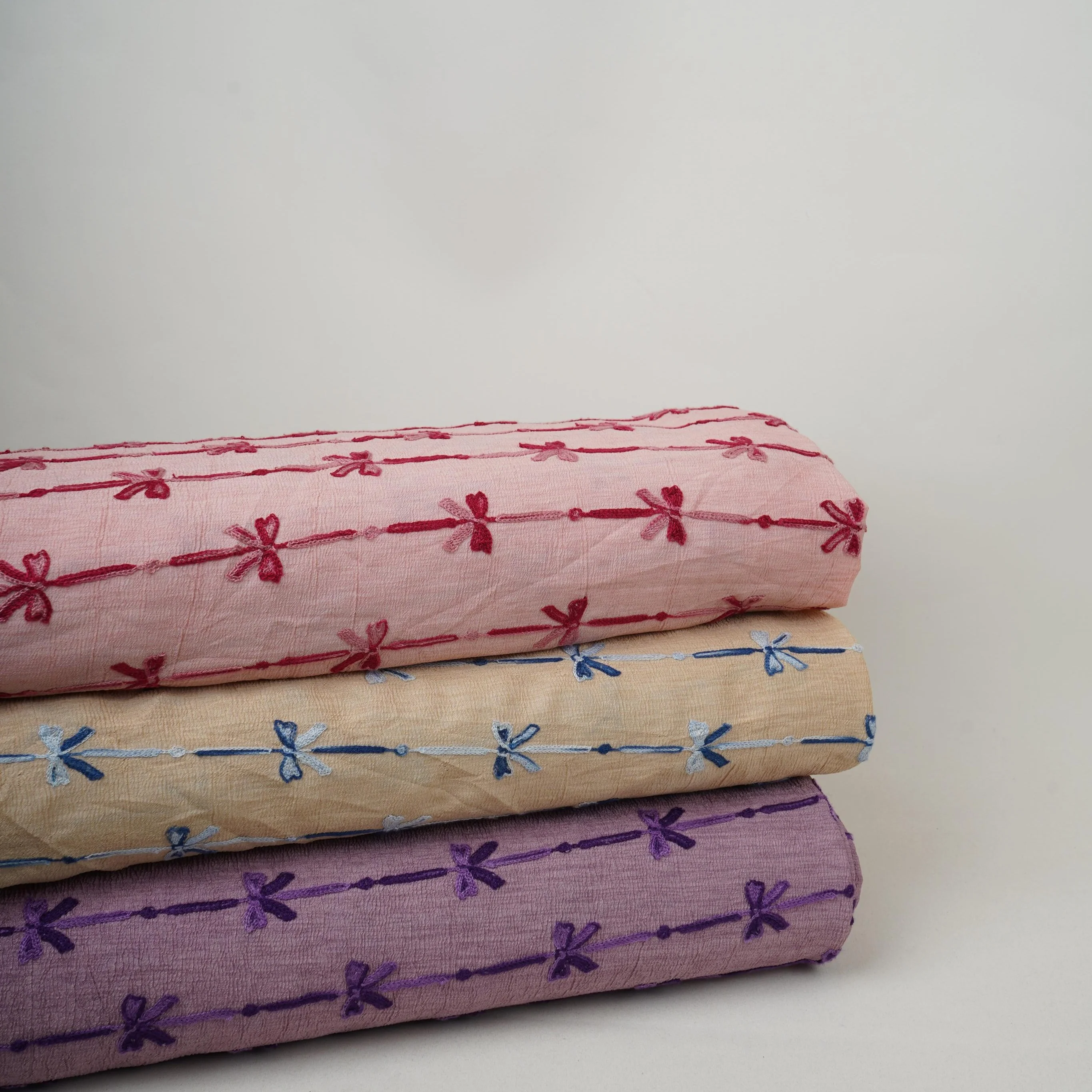 Mauve Bow Stripes embroidery Chinon Cotton Slub Fabric SFG-31708 - Image 6