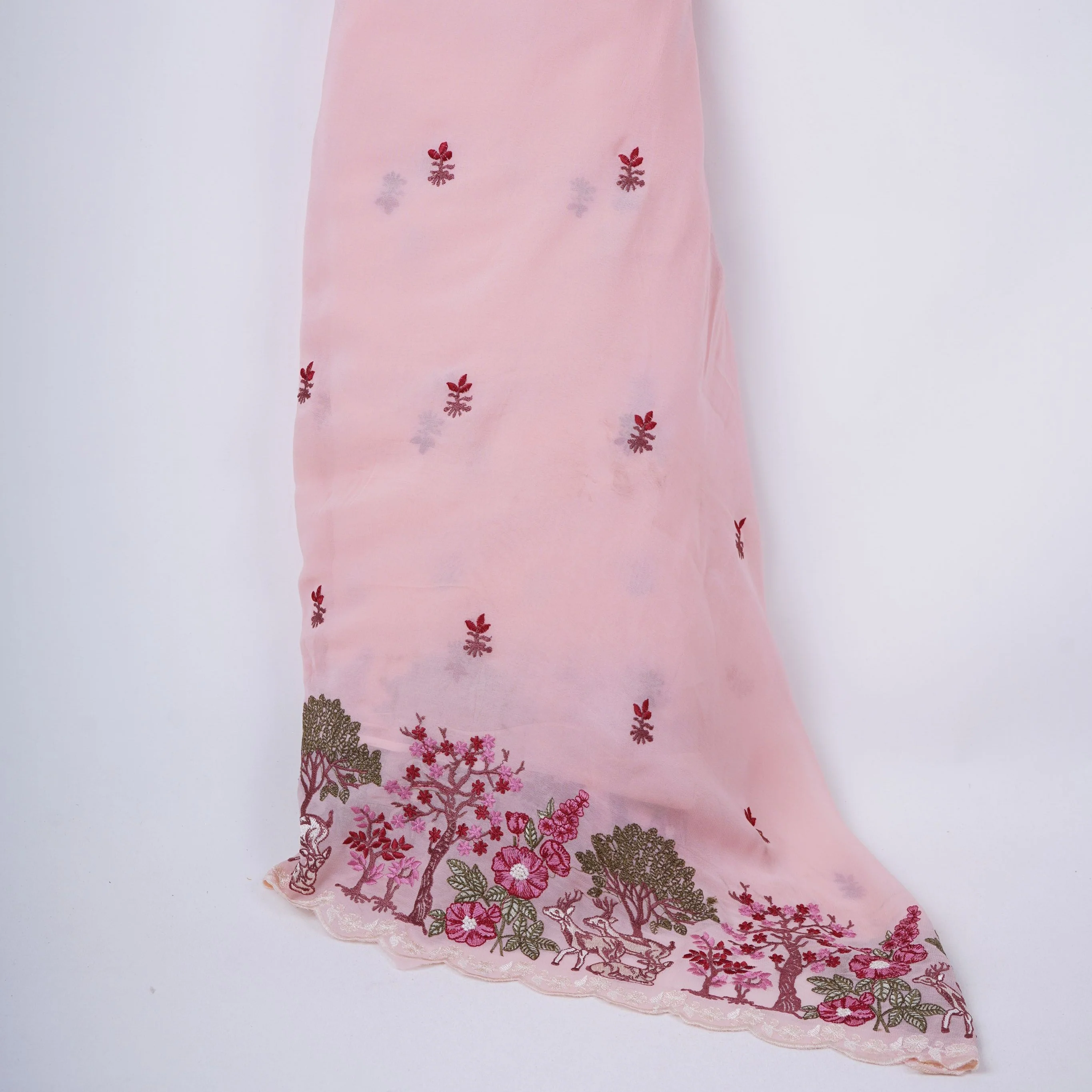 Peach Pink floral Border embroidery Georgette Fabric VFS-31863
