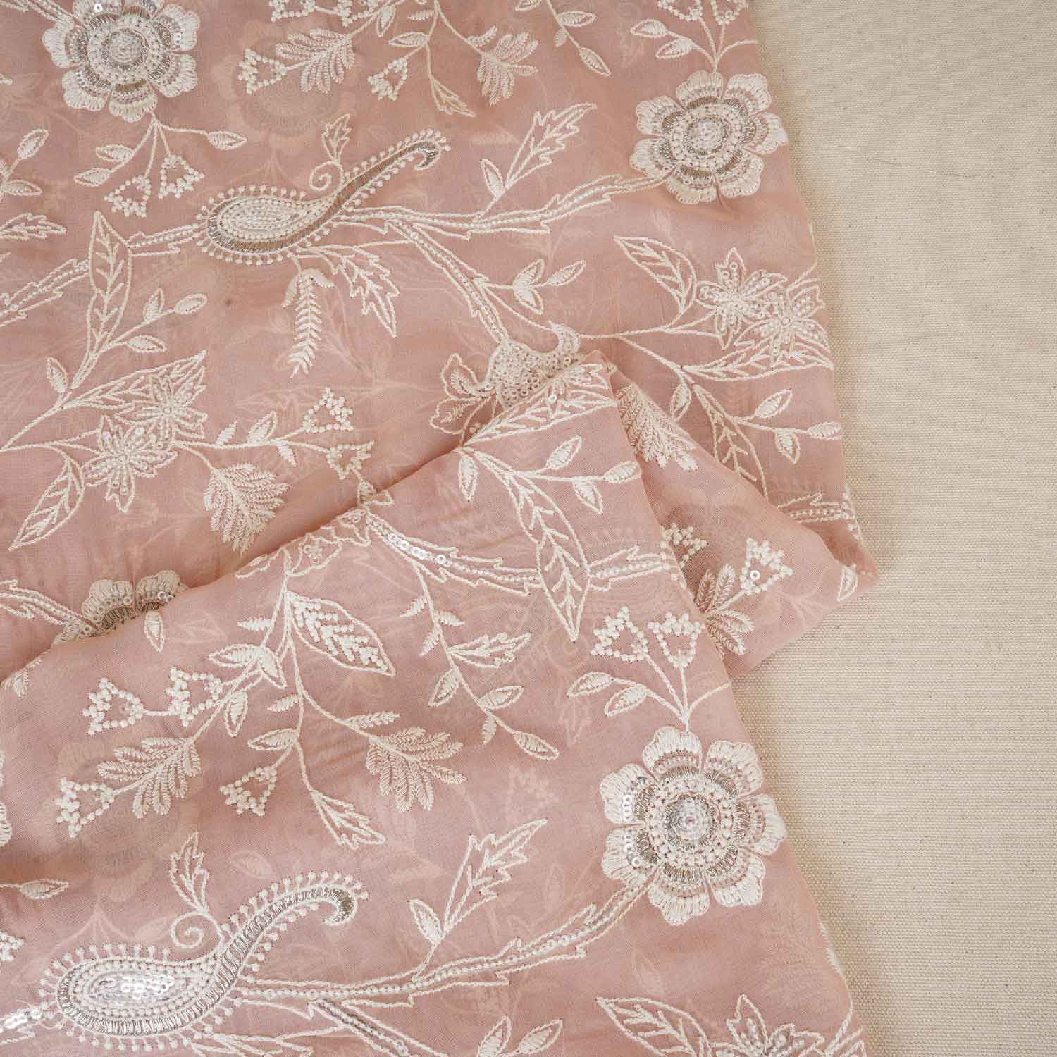 Peach Pink Floral Thread Sequins Embroidery Chikankari Georgette Fabric DR-28283 - Image 2