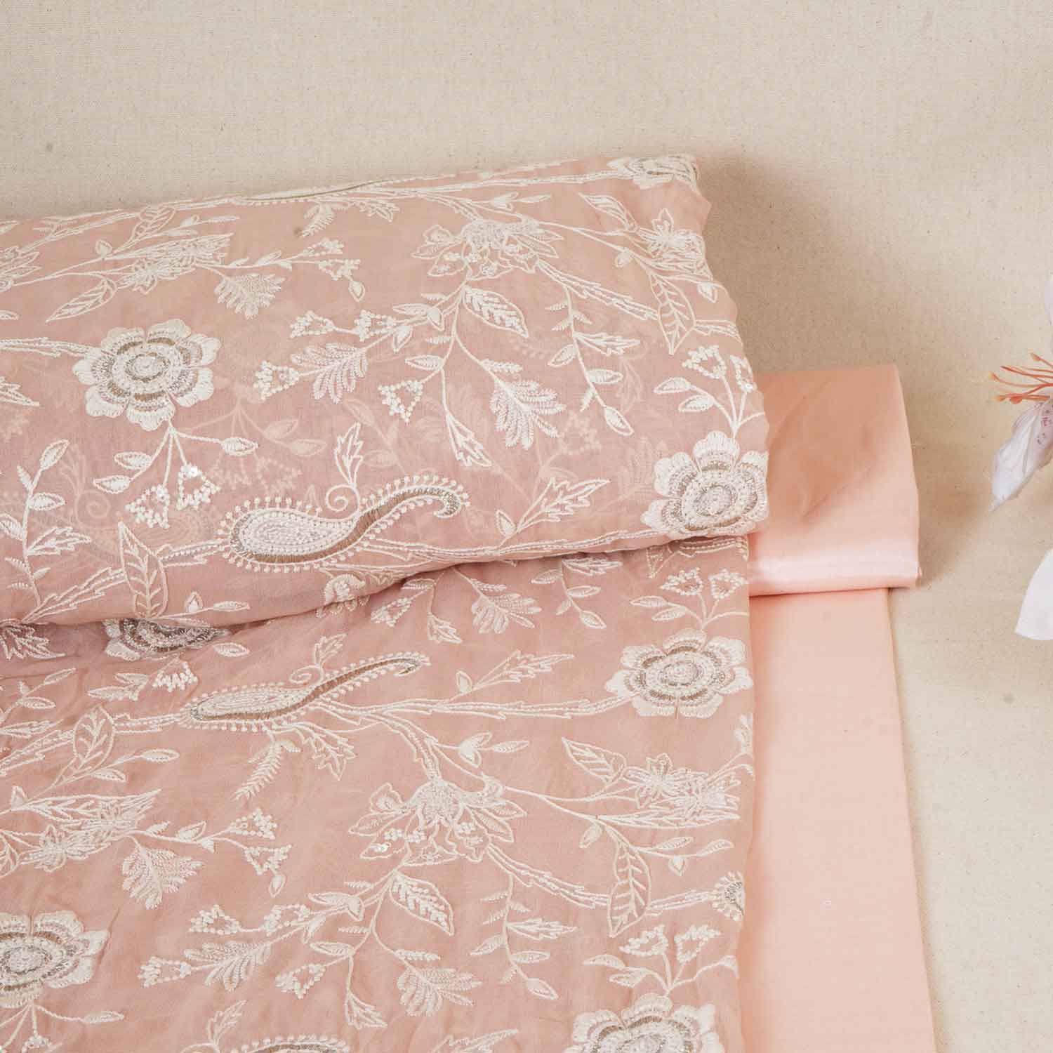 Peach Pink Floral Thread Sequins Embroidery Chikankari Georgette Fabric DR-28283 - Image 5