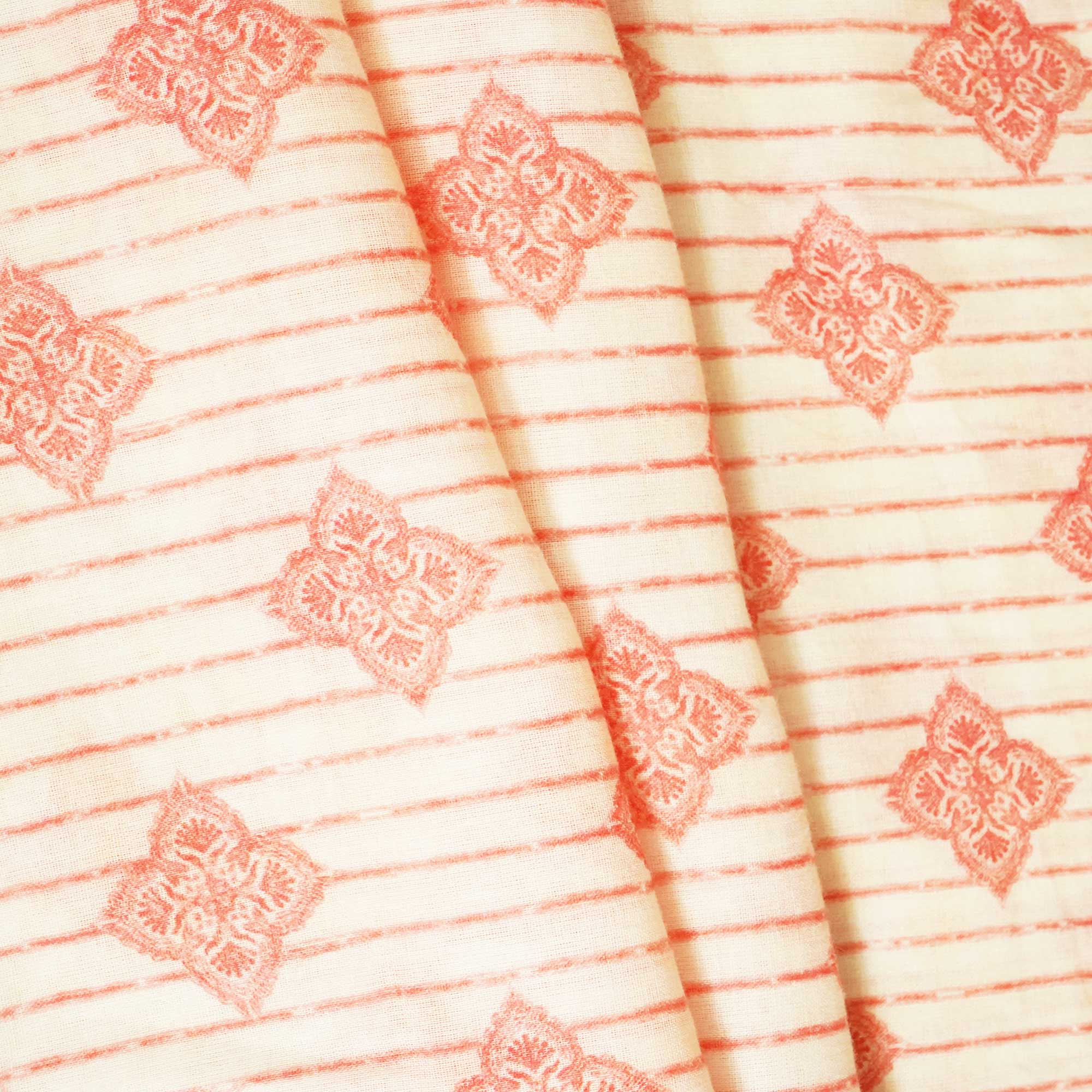 Peach & Pink Stripes Print Cotton Mulmul Fabric GT-25446 - Image 3