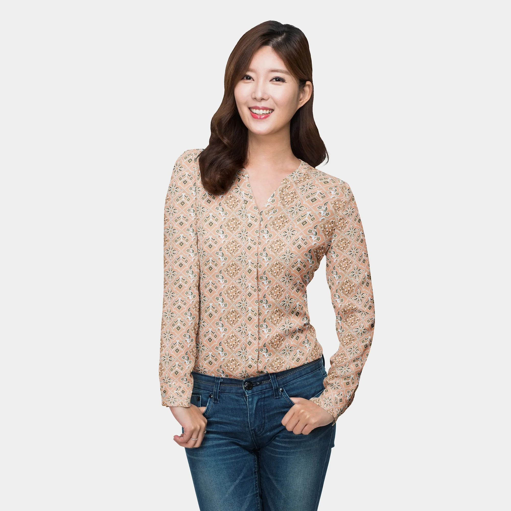 Peach Traditional With Foil Print Rayon Fabric - Image 6