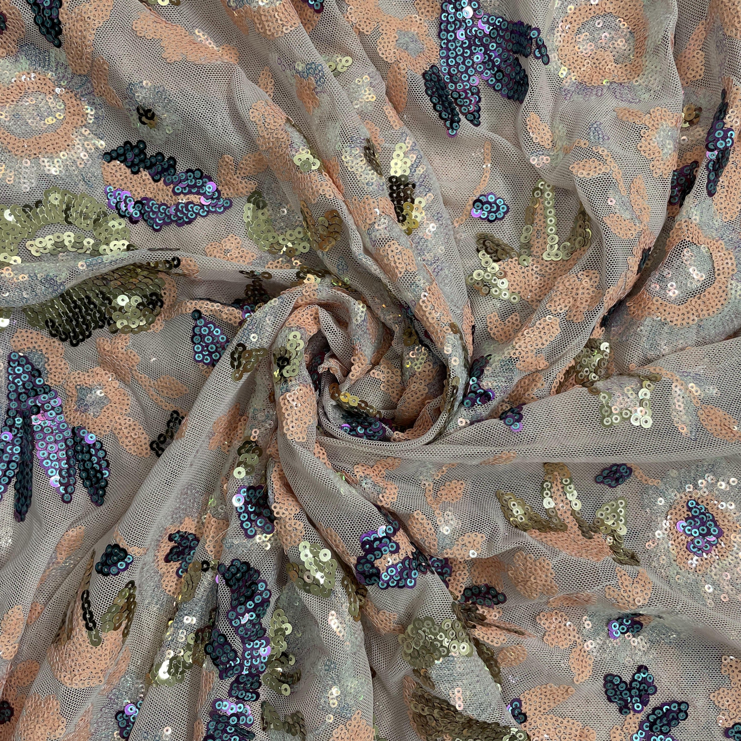 Peach with Multicolor Floral Sequins Embroidery Power Net Imported Fabric