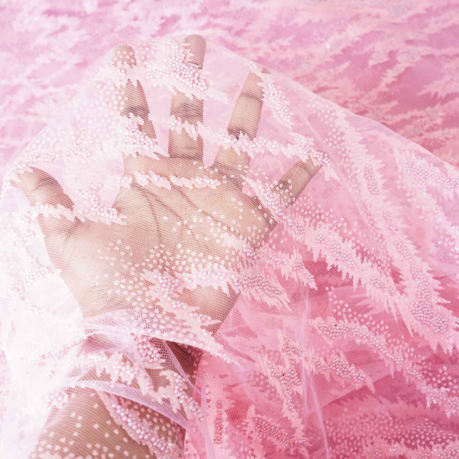 Pink Beads Imported Shimmer Embroidery Net Fabric - Image 3