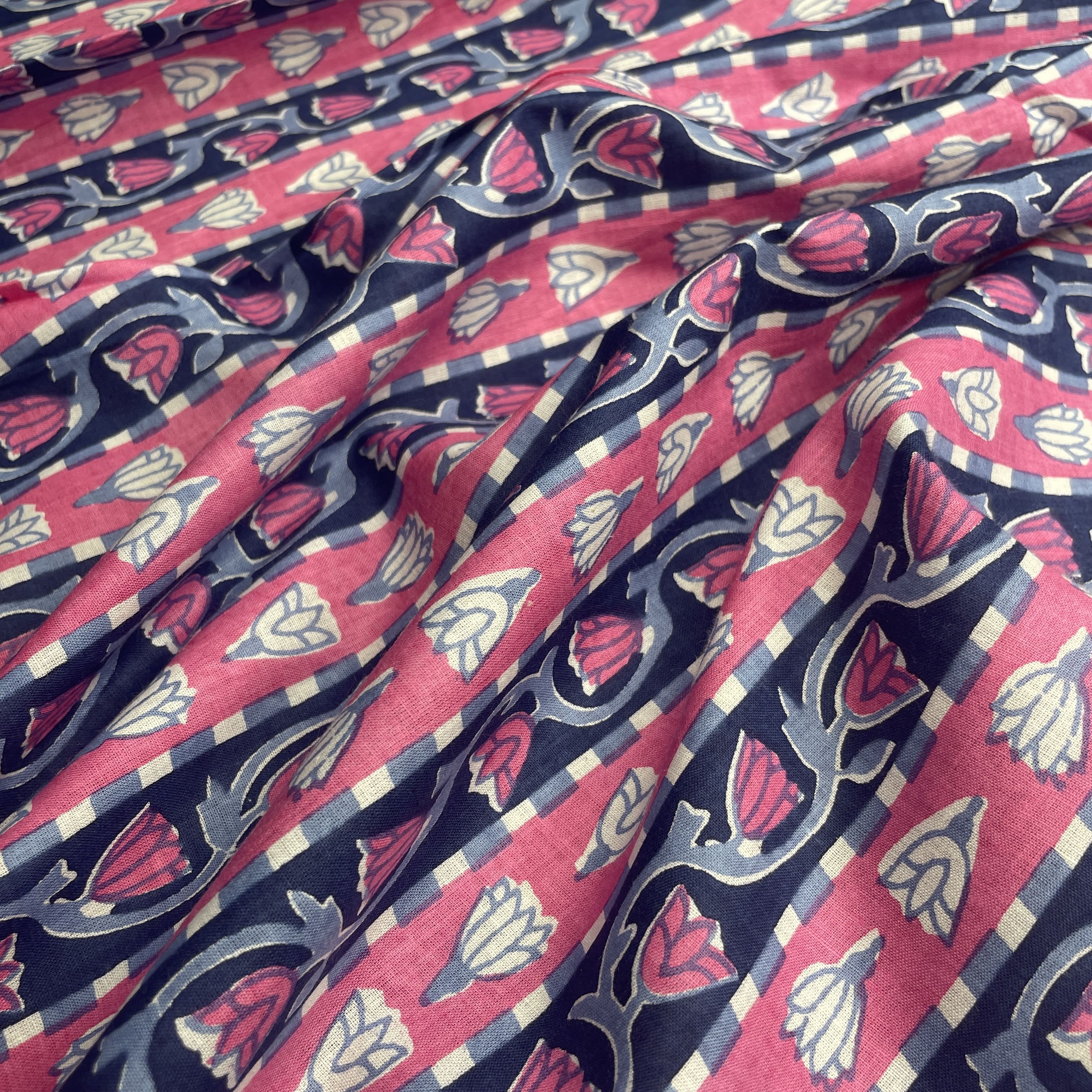 Pink Blue Flower Print Cotton Fabric - Image 3