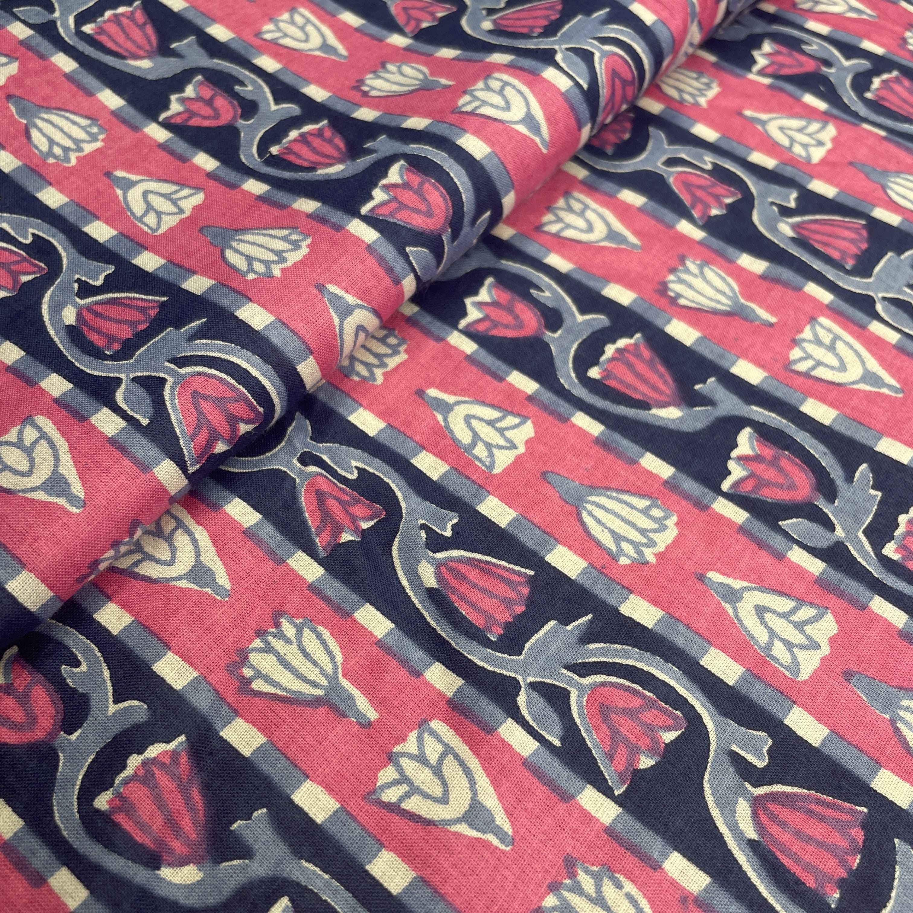 Pink Blue Flower Print Cotton Fabric - Image 4