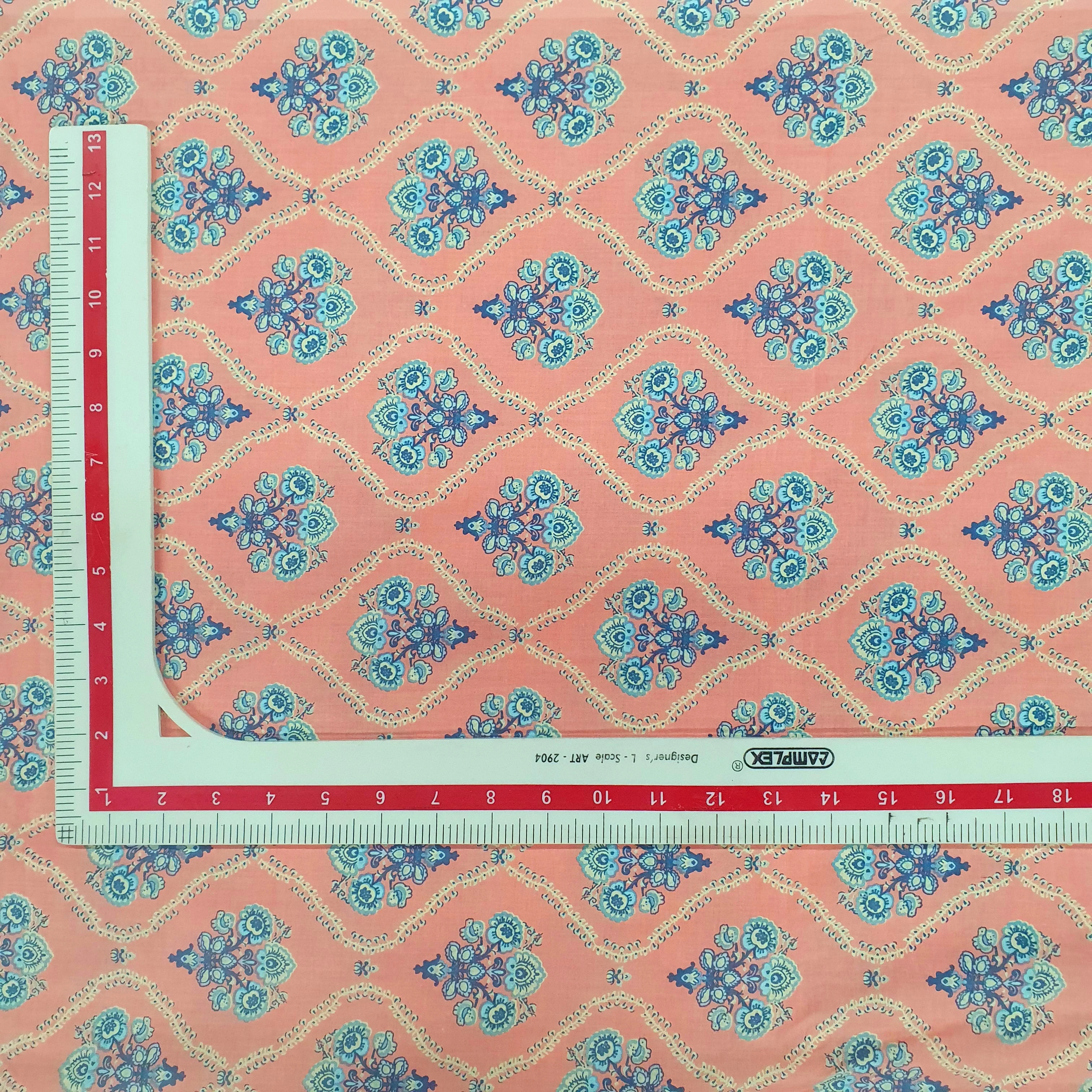 Pink & Blue Traditional Print Cotton Fabric - Image 3