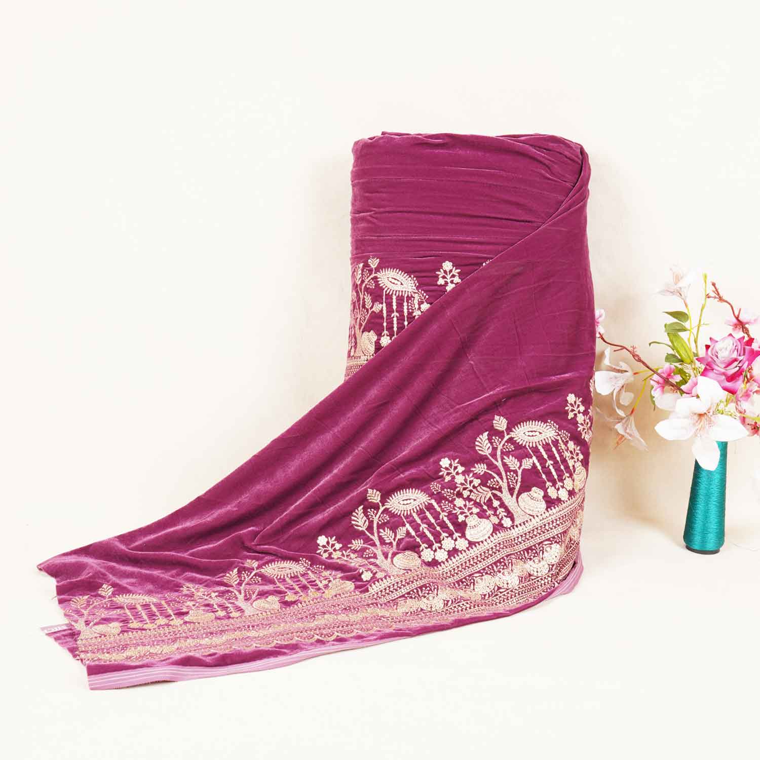 Pink Border Work Cutdana Velvet 9000 Fabric SC-28254