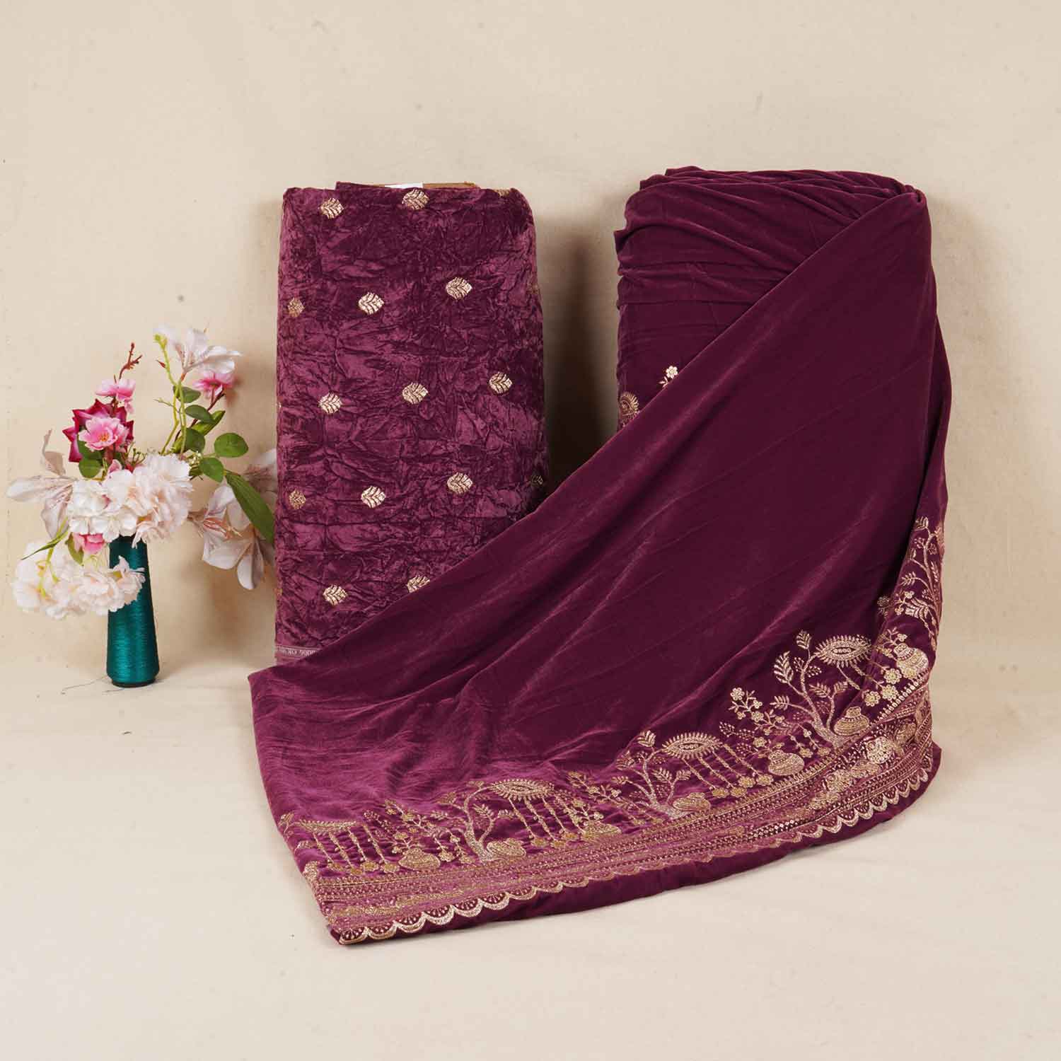 Pink Border Work Cutdana Velvet 9000 Fabric SC-28254 - Image 5