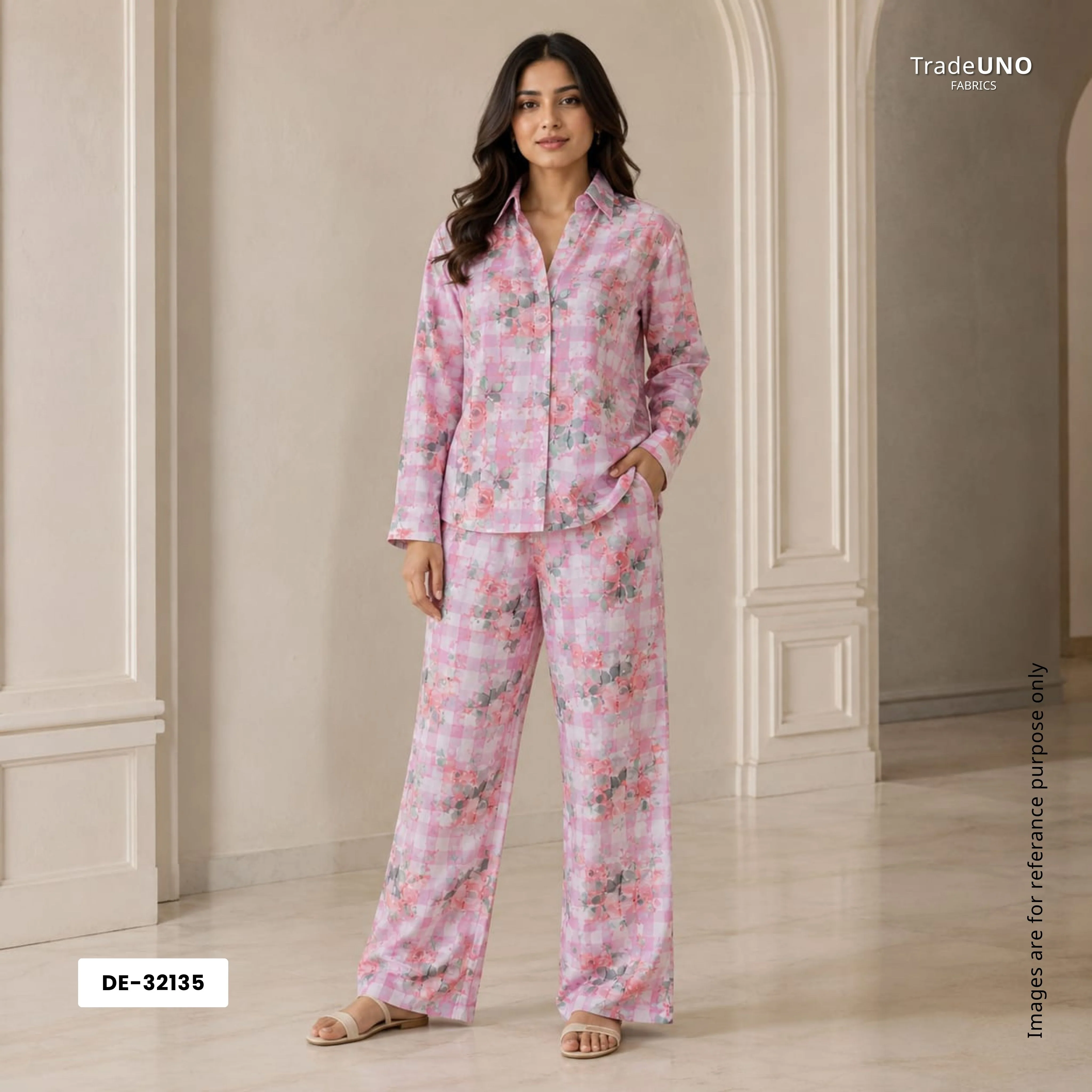 Pink Dobby check floral print Cotton Linen Fabric DE-32135 - Image 9