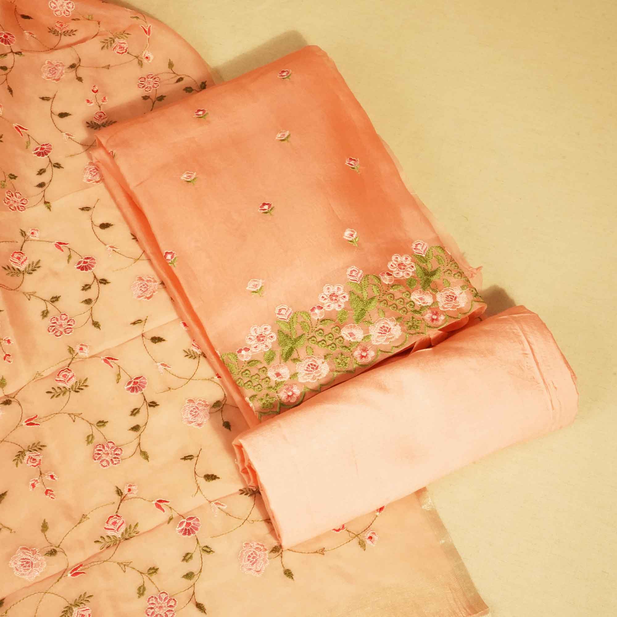 Pink Embroidery (Top-Organza,Bottom-Cotton Satin,Dupatta-Organza) Organza Fabric HNA-24547