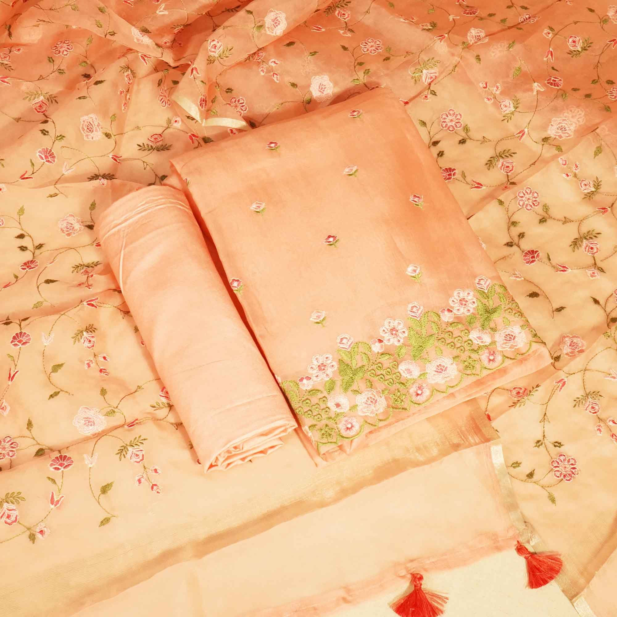Pink Embroidery (Top-Organza,Bottom-Cotton Satin,Dupatta-Organza) Organza Fabric HNA-24547 - Image 5