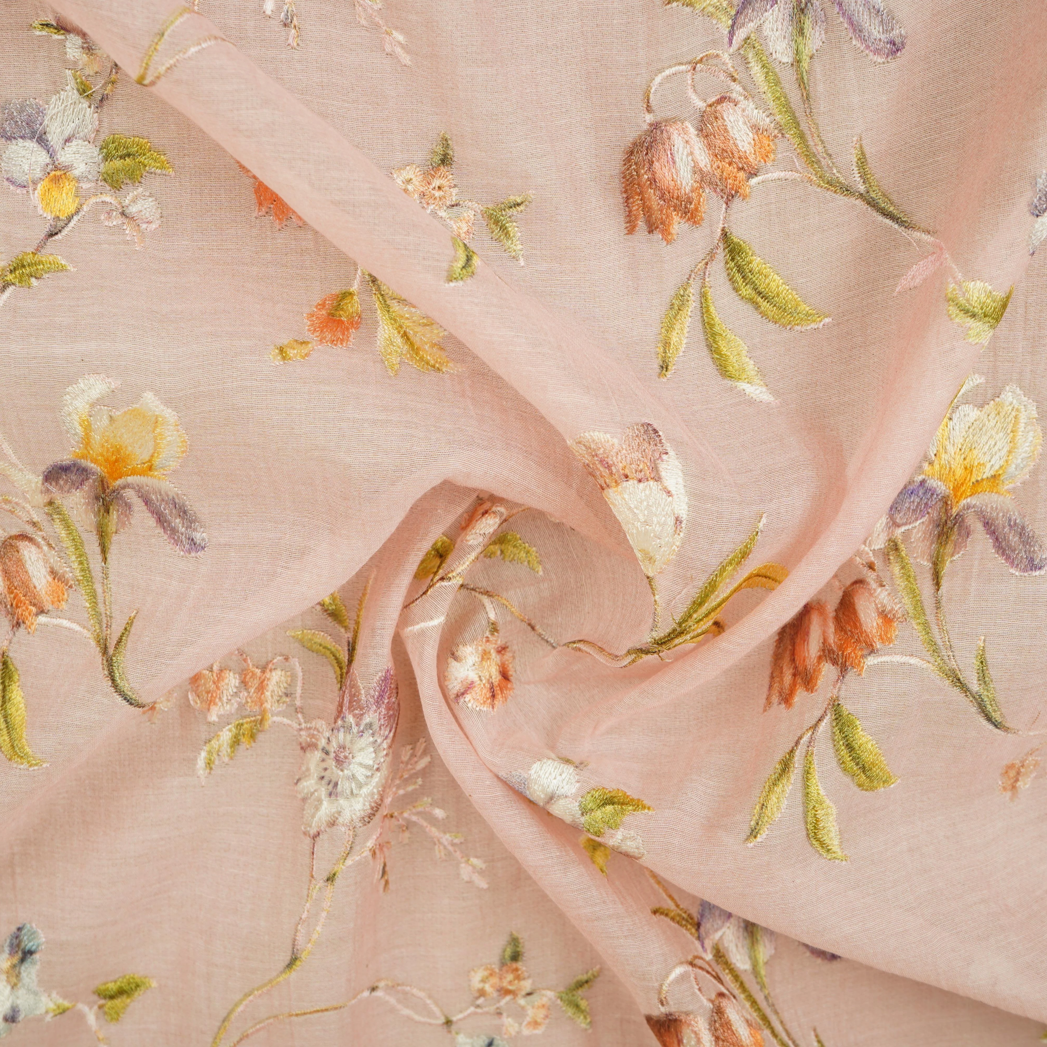 Pink fine floral embroidery Mul Chanderi Fabric SNA-29632 - Image 3