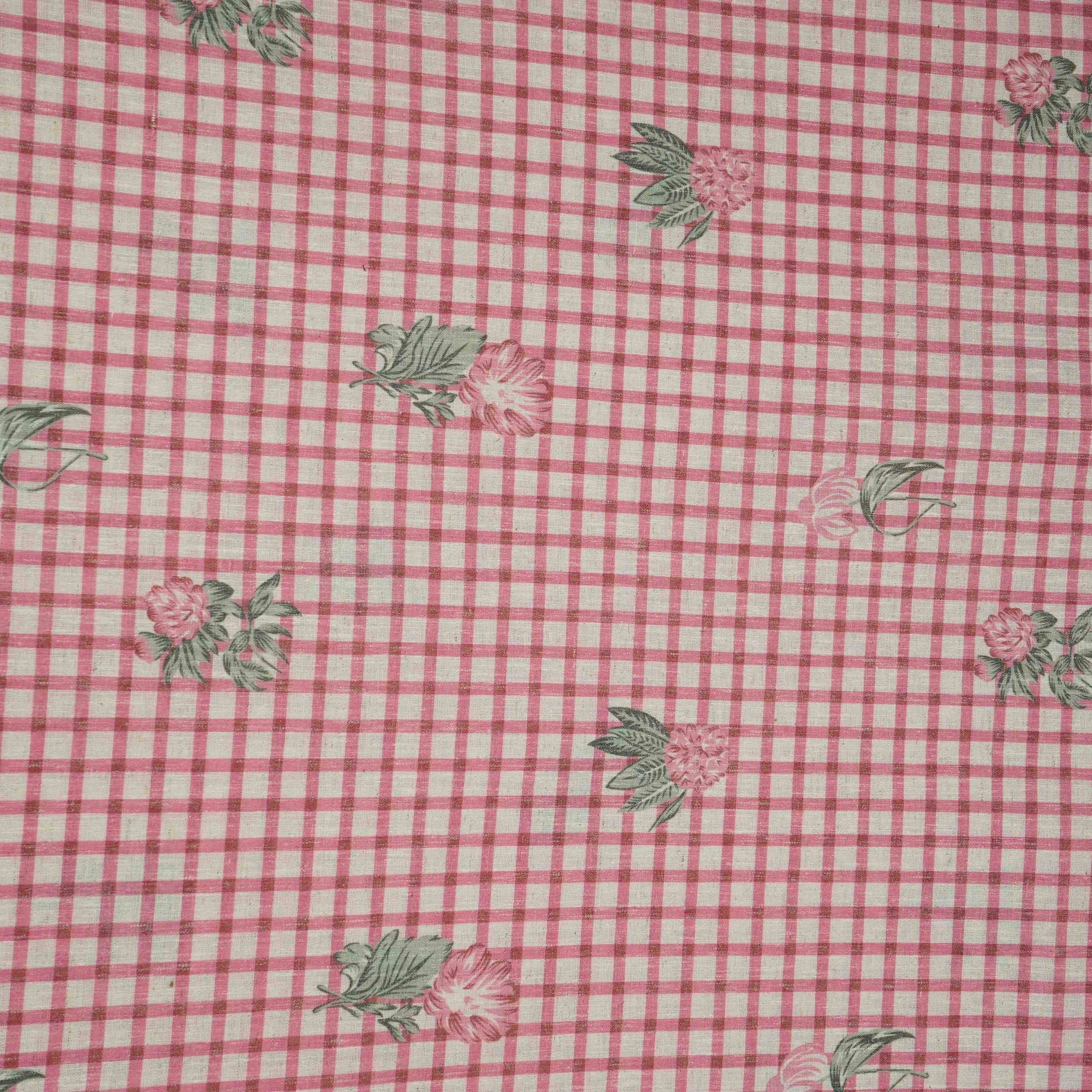 Pink floral Check print Linen Fabric DE-32130 - Image 2