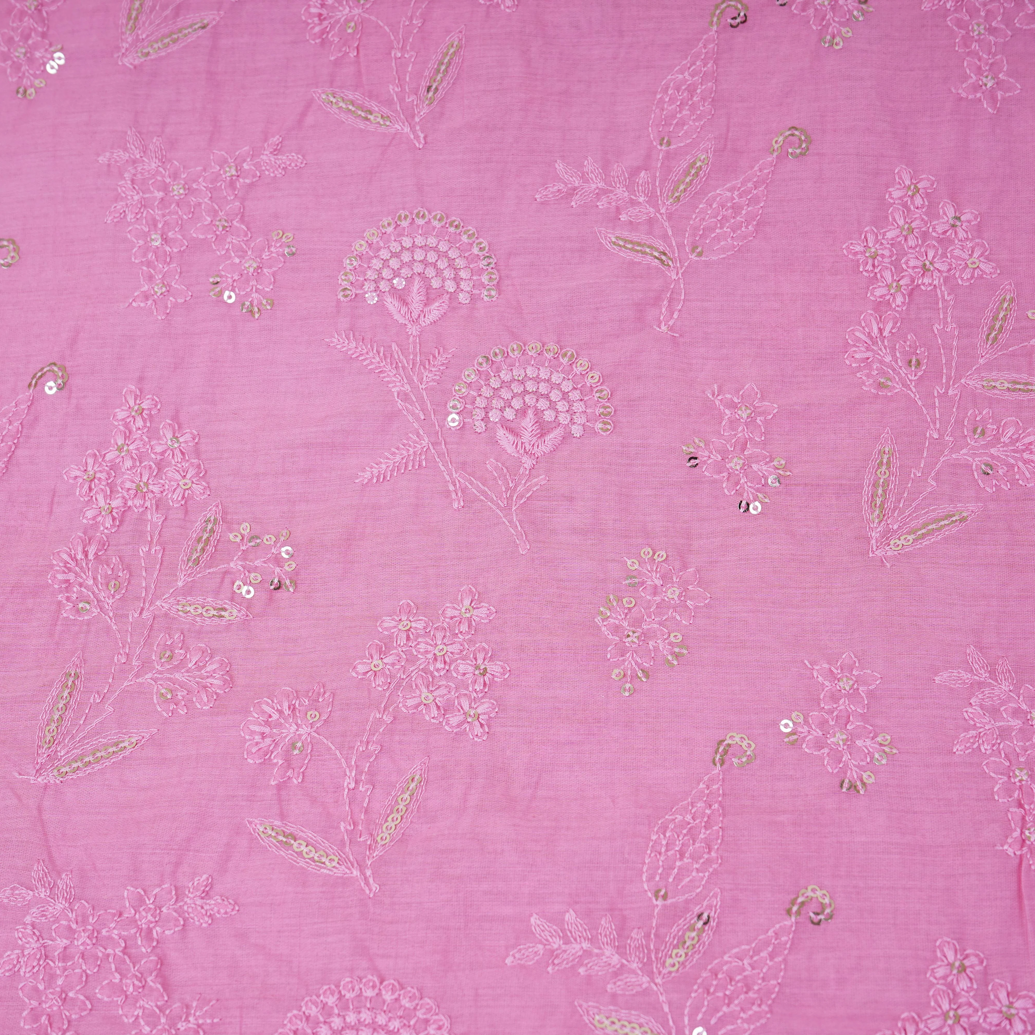 Pink Floral Embroidery Mul Chanderi Fabric DC-30343 - Image 2