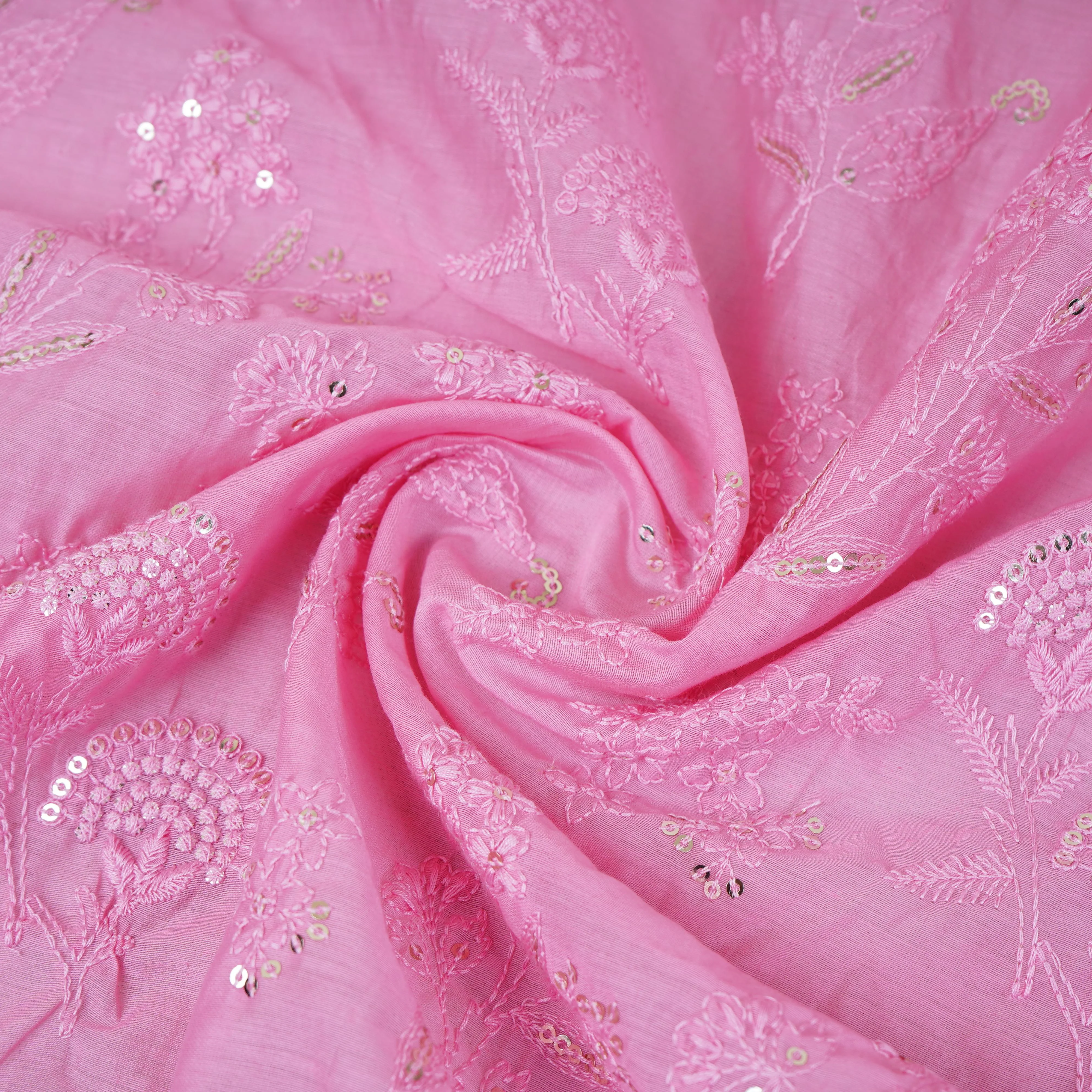 Pink Floral Embroidery Mul Chanderi Fabric DC-30343 - Image 3