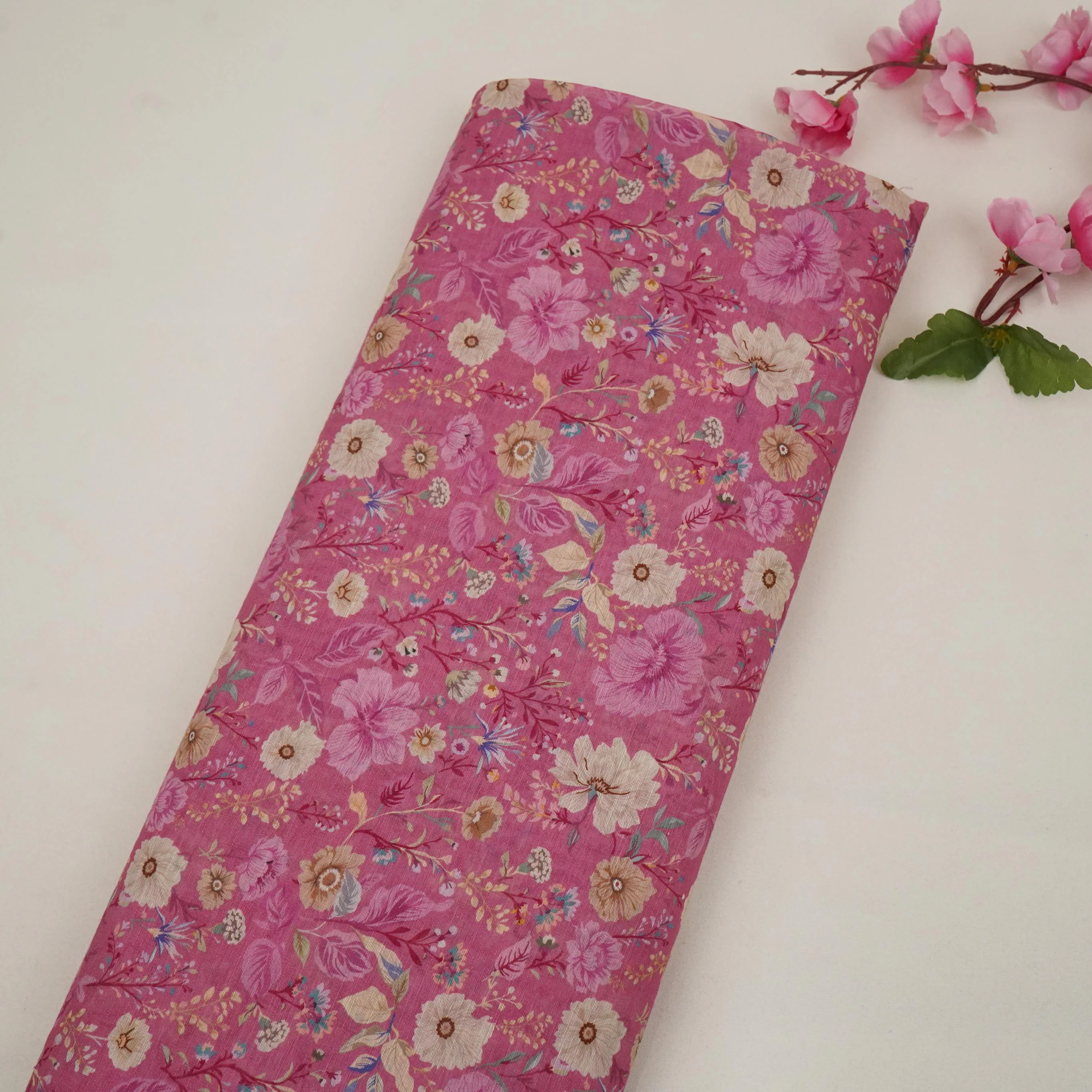 Pink Floral Print Cotton Linen Fabric RT-30904