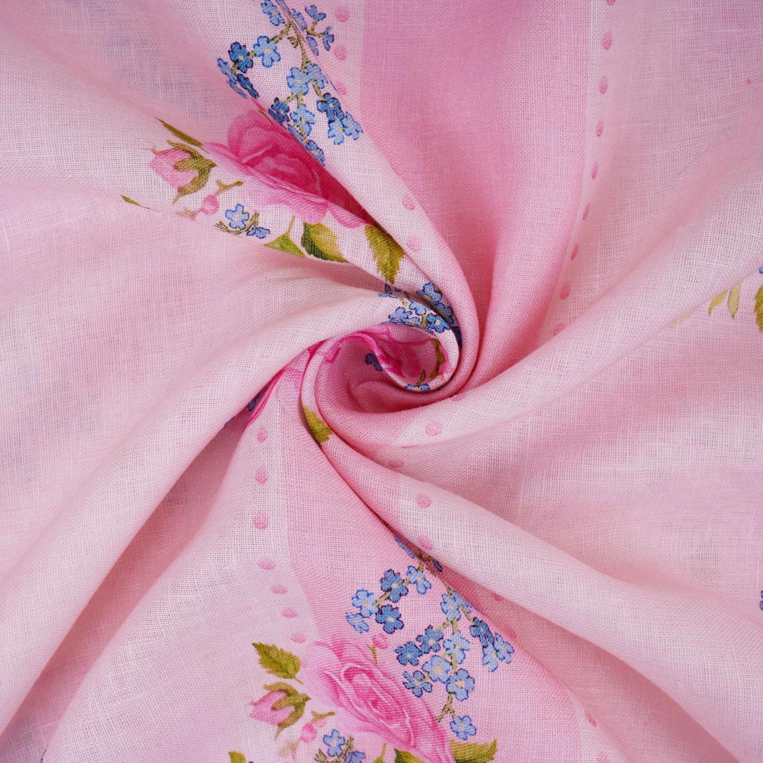 Pink floral stripes print 40s Pure Linen Fabric VF-31321 - Image 3