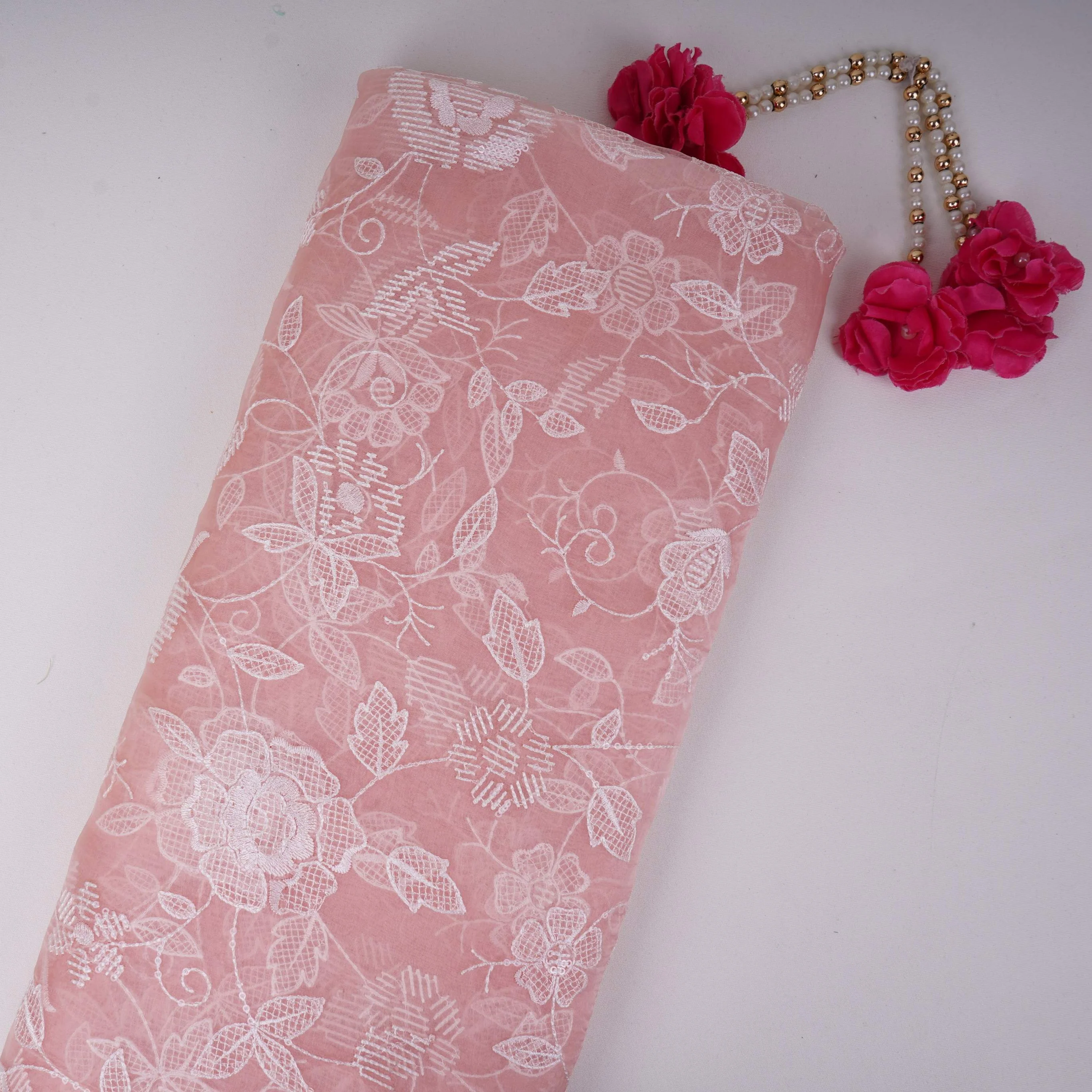 Pink floral thread & Sequins embroidery Pure 27gm Organza Fabric GPF-32089