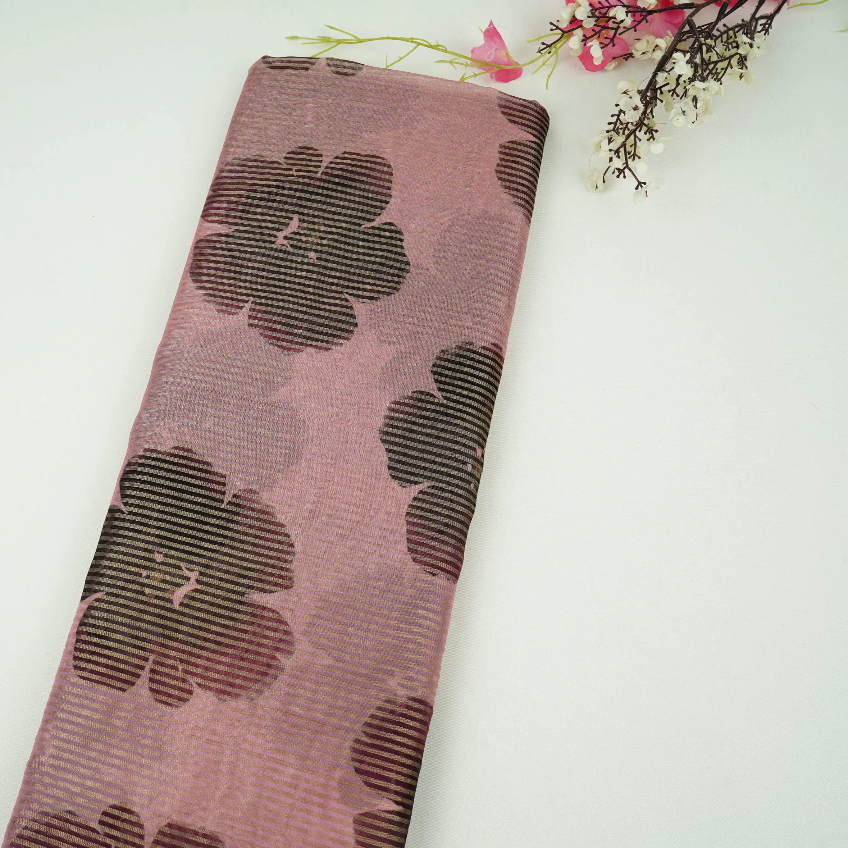 Pink floral with stripes print Organza Fabric VP-32014