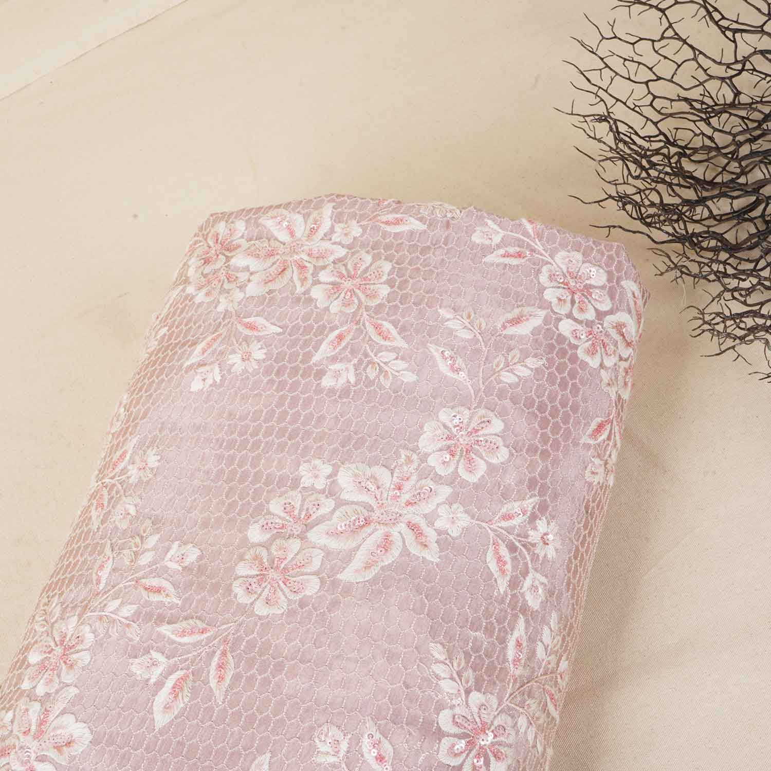 Pink Floral Zari Embroidery Tissue Fabric SC-27836